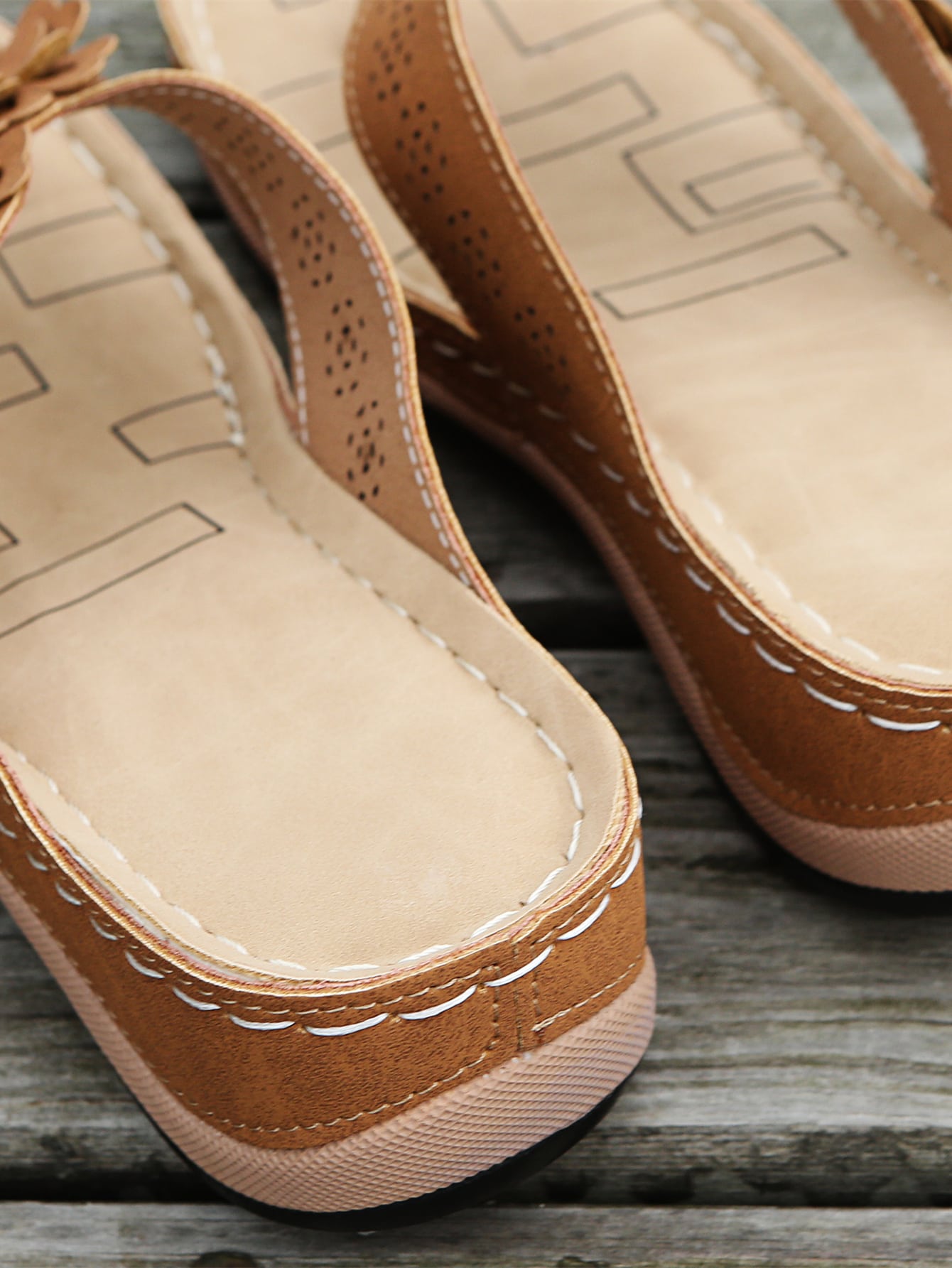 Women's floral stitching pointed-toe wedge flip flops with thick sole, toe-post design, and rhinestone detail