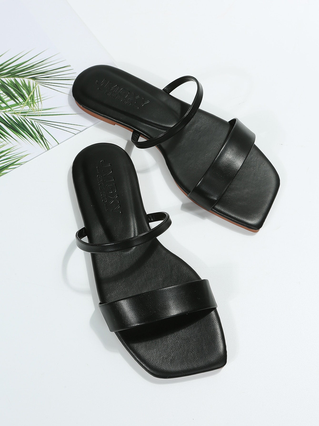 Women’s square toe flat slide sandals with open toe, slip-on style, and ruffle/plain detail for beach and casual outdoor wear.