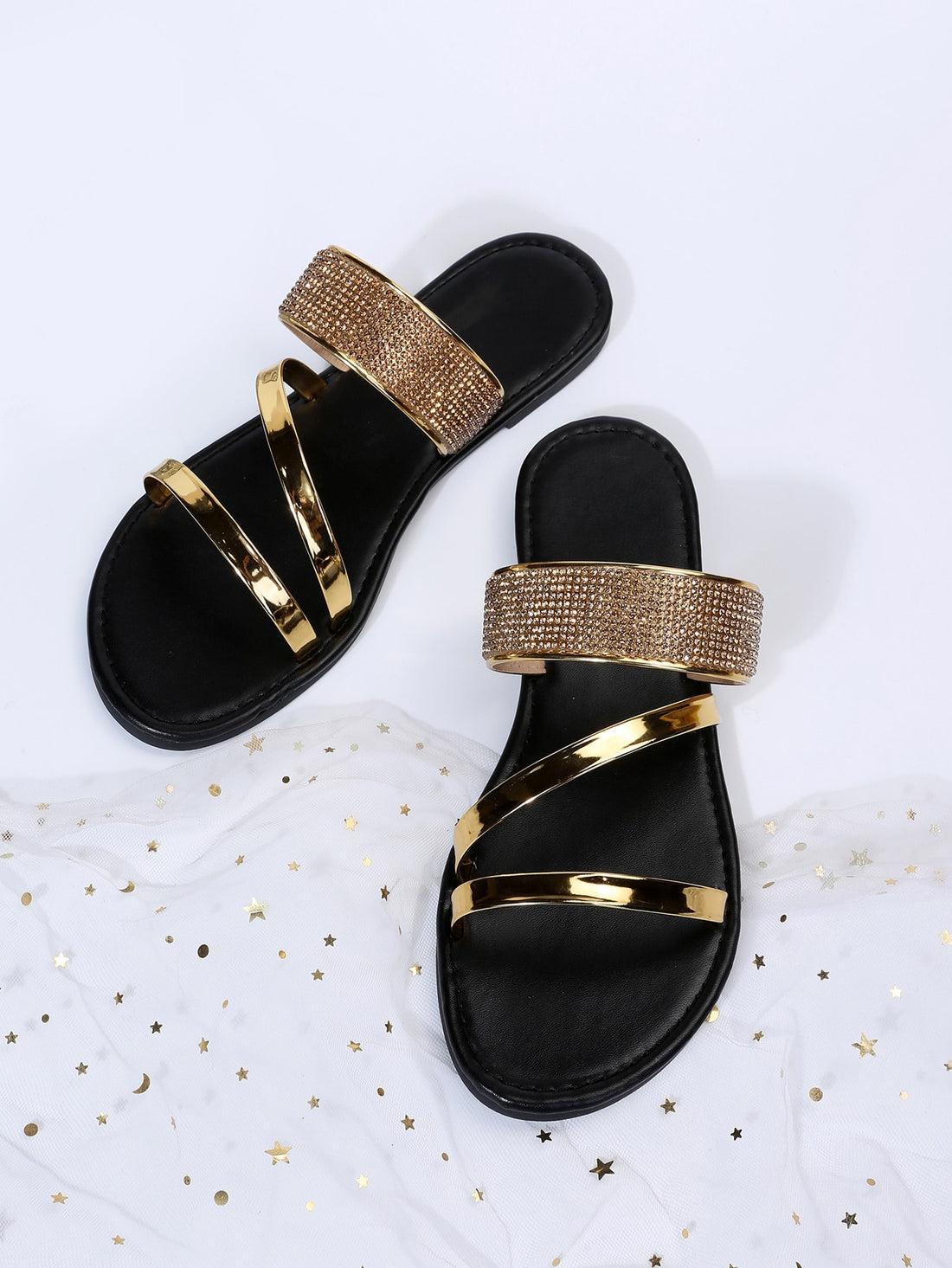 Women's gold thong flat slide sandals with rhinestone detail, open toe design, PU leather upper and lining, and rubber outsole.