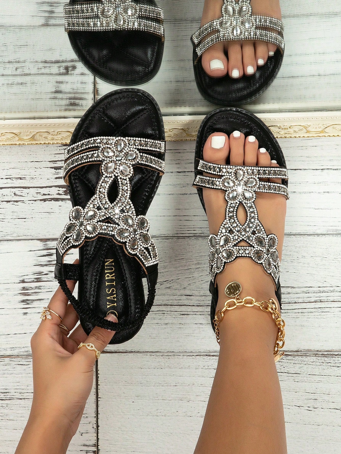 Women’s metallic slingback flat sandals with rhinestone decor, open toe, and ankle strap in a bohemian outdoor style.