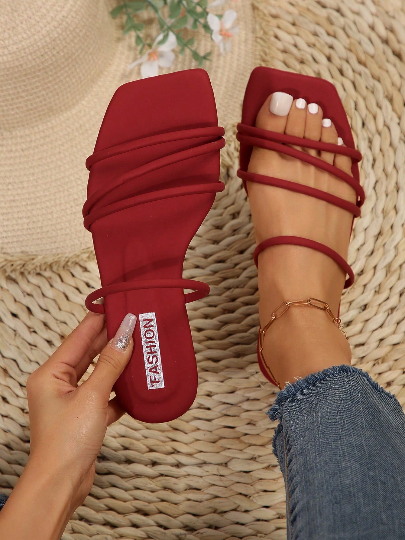 Casual striped flat slide sandals with beaded detail and open toe, beach-style slip-on design.