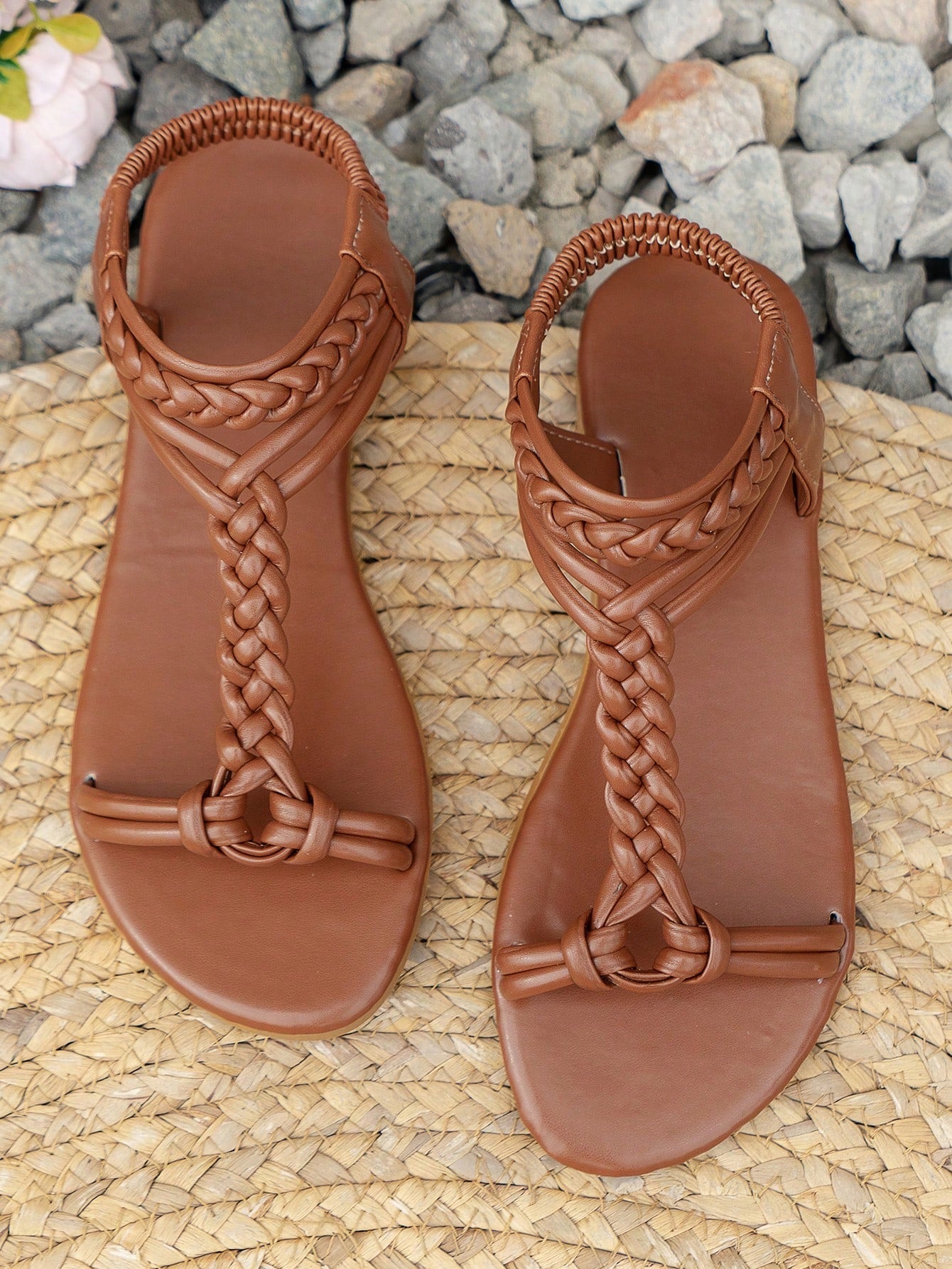 Women's white woven braid open-toe flat slip-on beach sandals