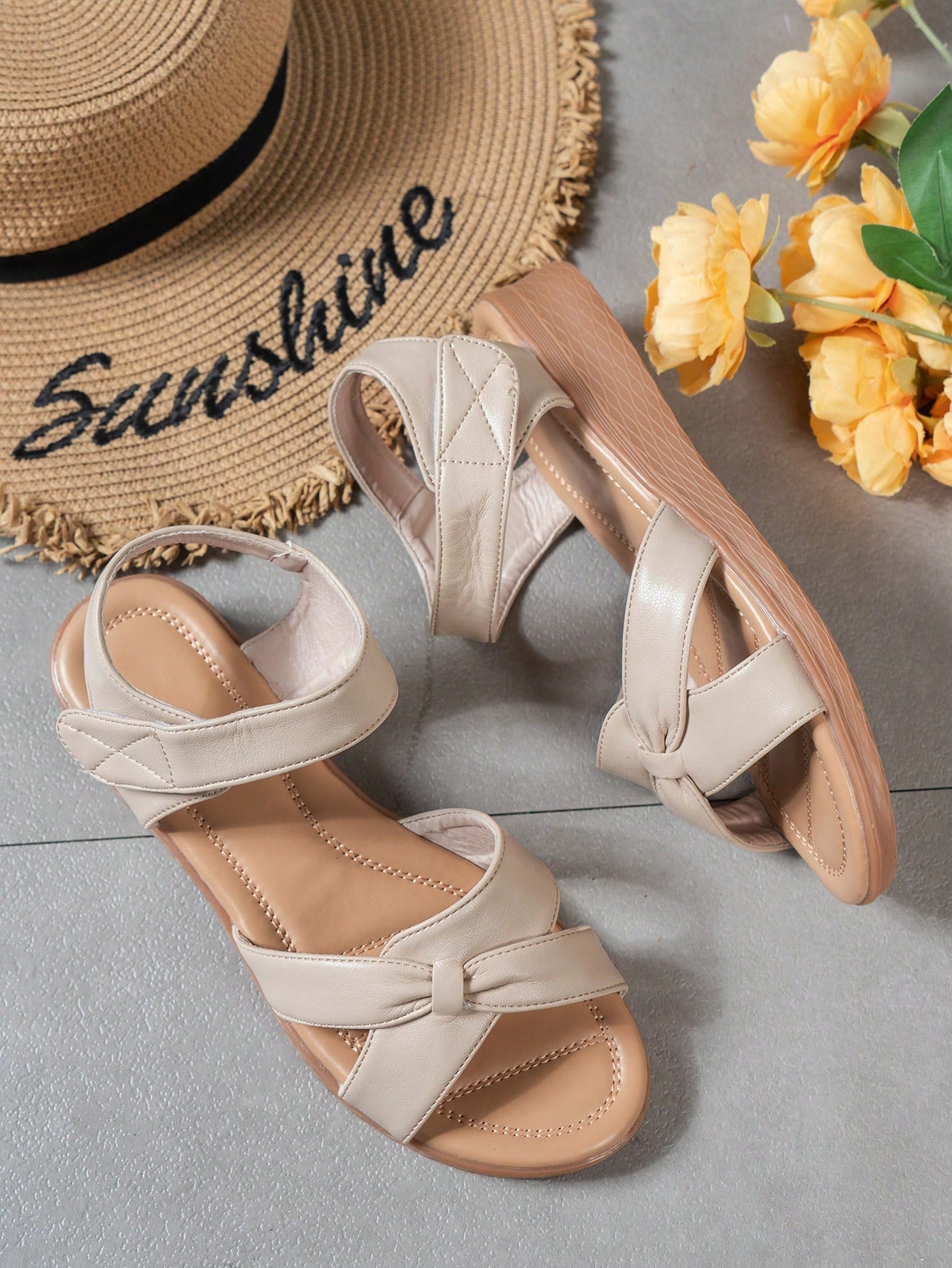 Women's apricot flat slide sandals with open toe, wide-width fit, soft sole, textured plain upper, and hook-and-loop strap closure