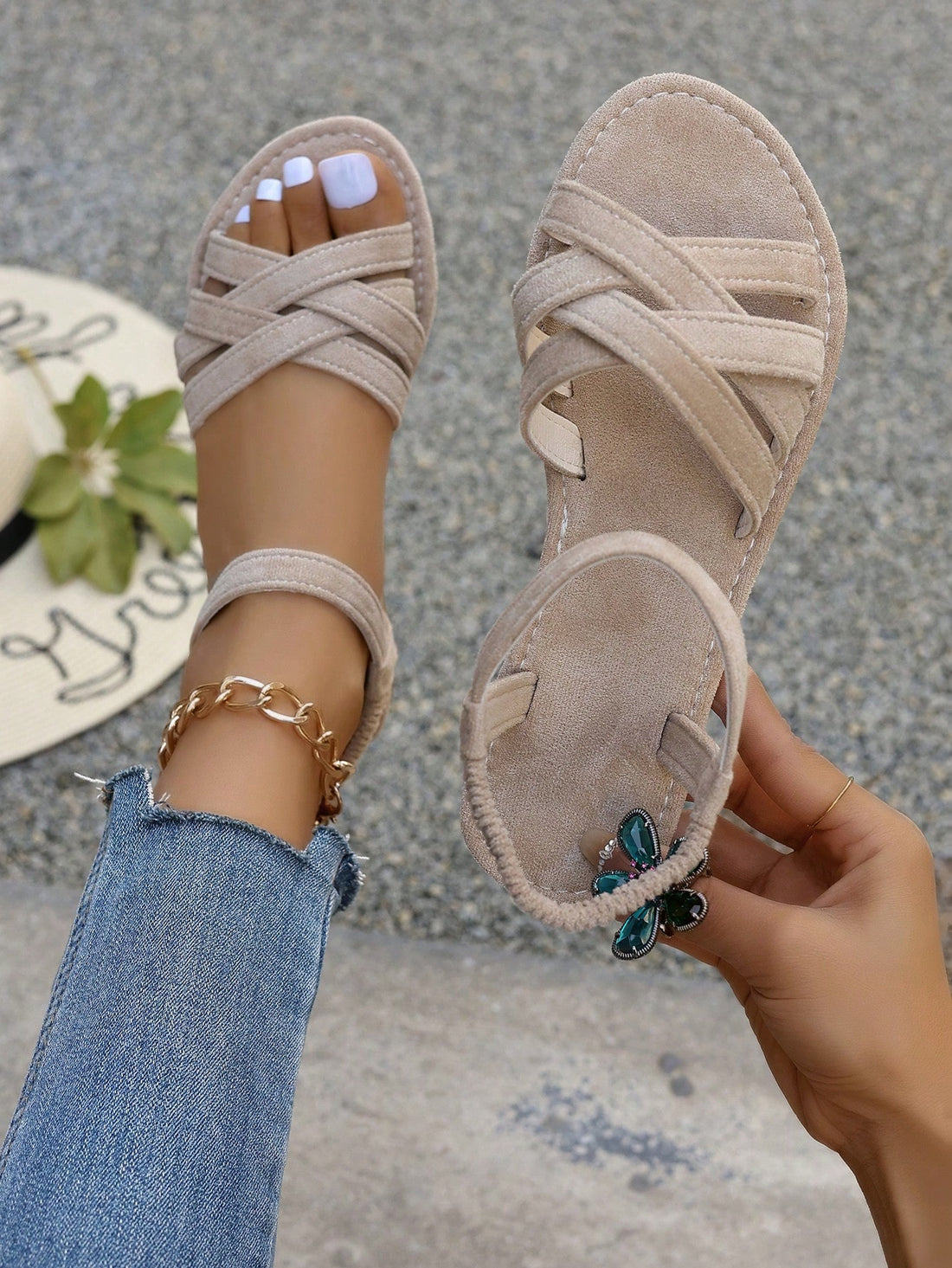 Women's plus size solid cross strap flat sandals with braided detail, open toe, and ankle strap in a casual style for beach and holiday outfits.