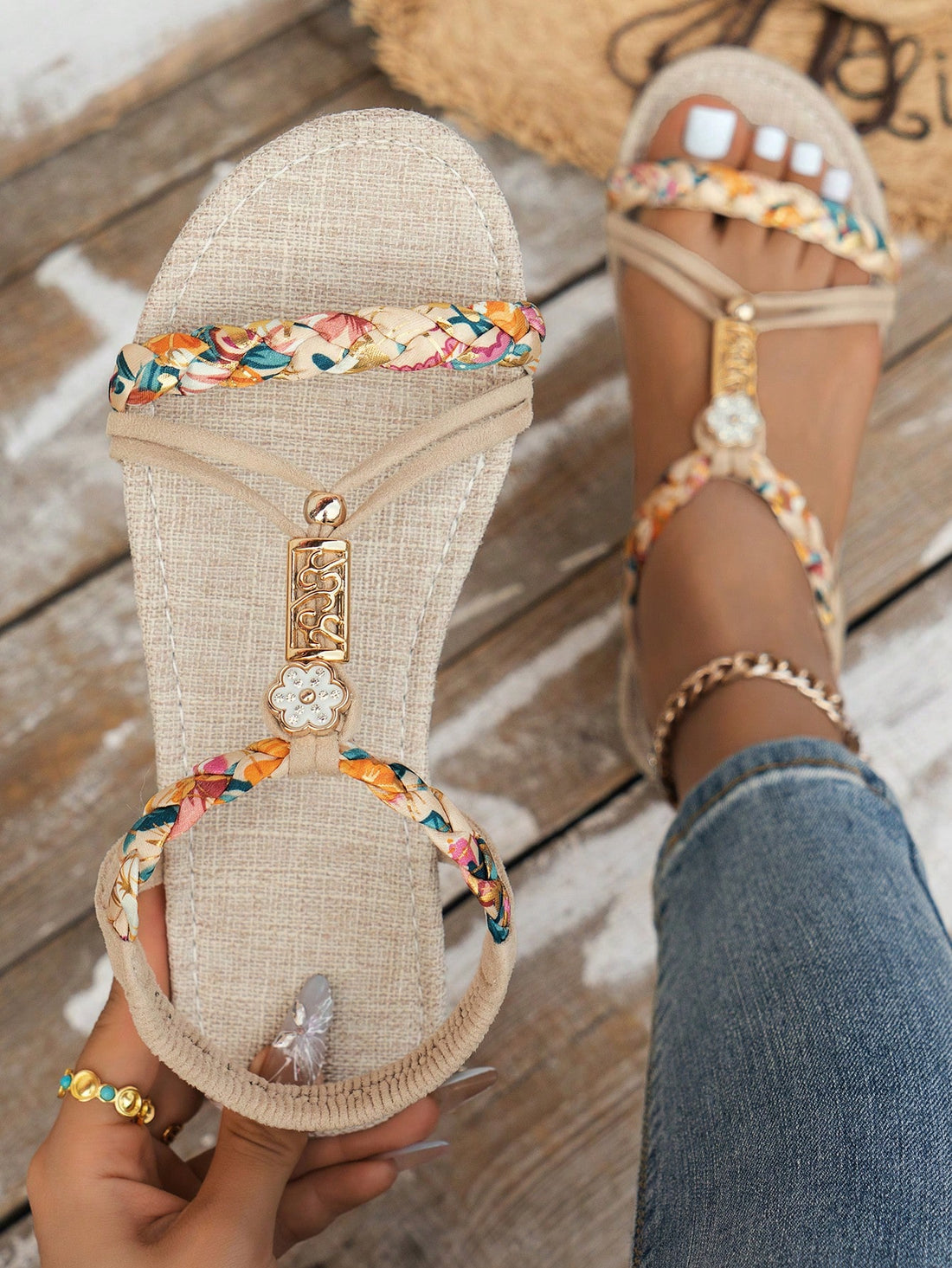 Women's woven flat slingback toe-post sandals with braid detail and floral print, lightweight beach-ready style