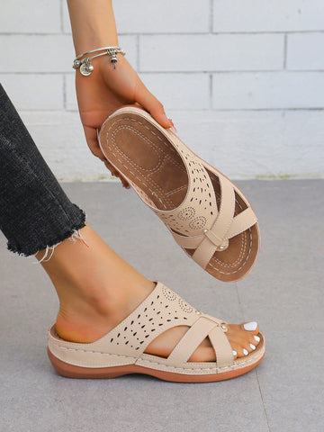 Women's retro wedge platform slide sandals with open toe and laser cut hollow-out upper, slip-on design, and mid heel for spring and summer beach outfits.