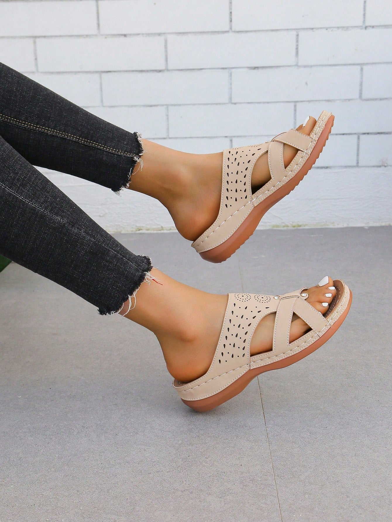 Women's retro wedge platform slide sandals with open toe and laser cut hollow-out upper, slip-on design, and mid heel for spring and summer beach outfits.