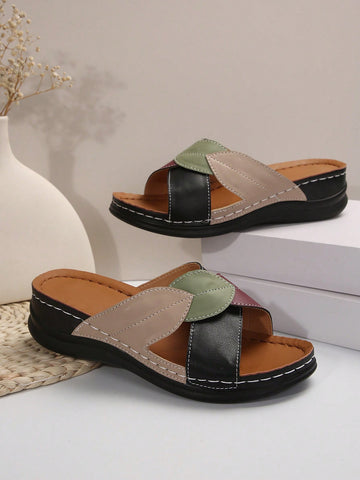 Women's multicolor wedge slide sandals with open toe, criss-cross straps, cut-out details, slip-on closure, and mid chunky wedge heel.