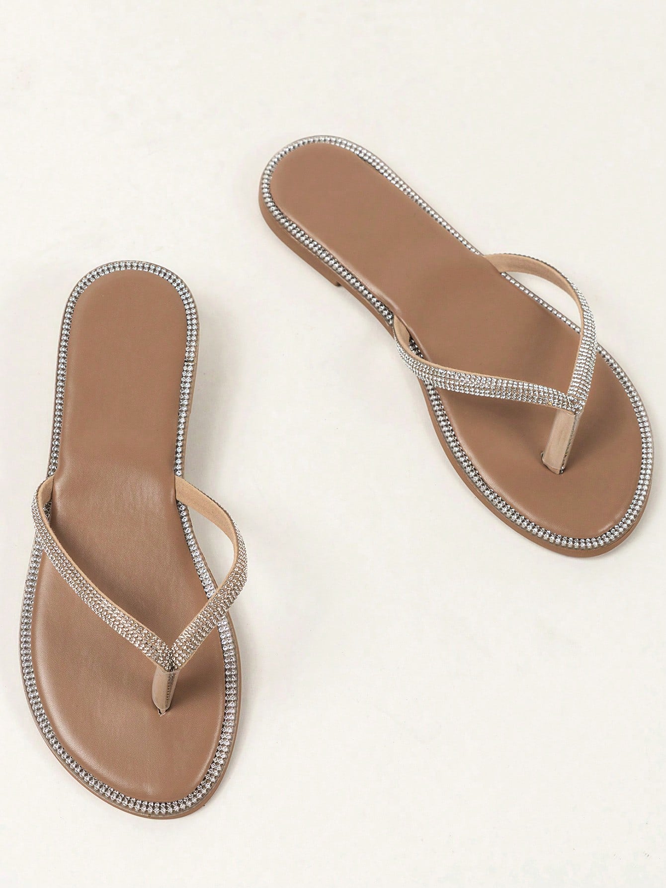 Women's rhinestone-decorated toe-post flat slide sandals for beach, vacation, and casual outdoor wear