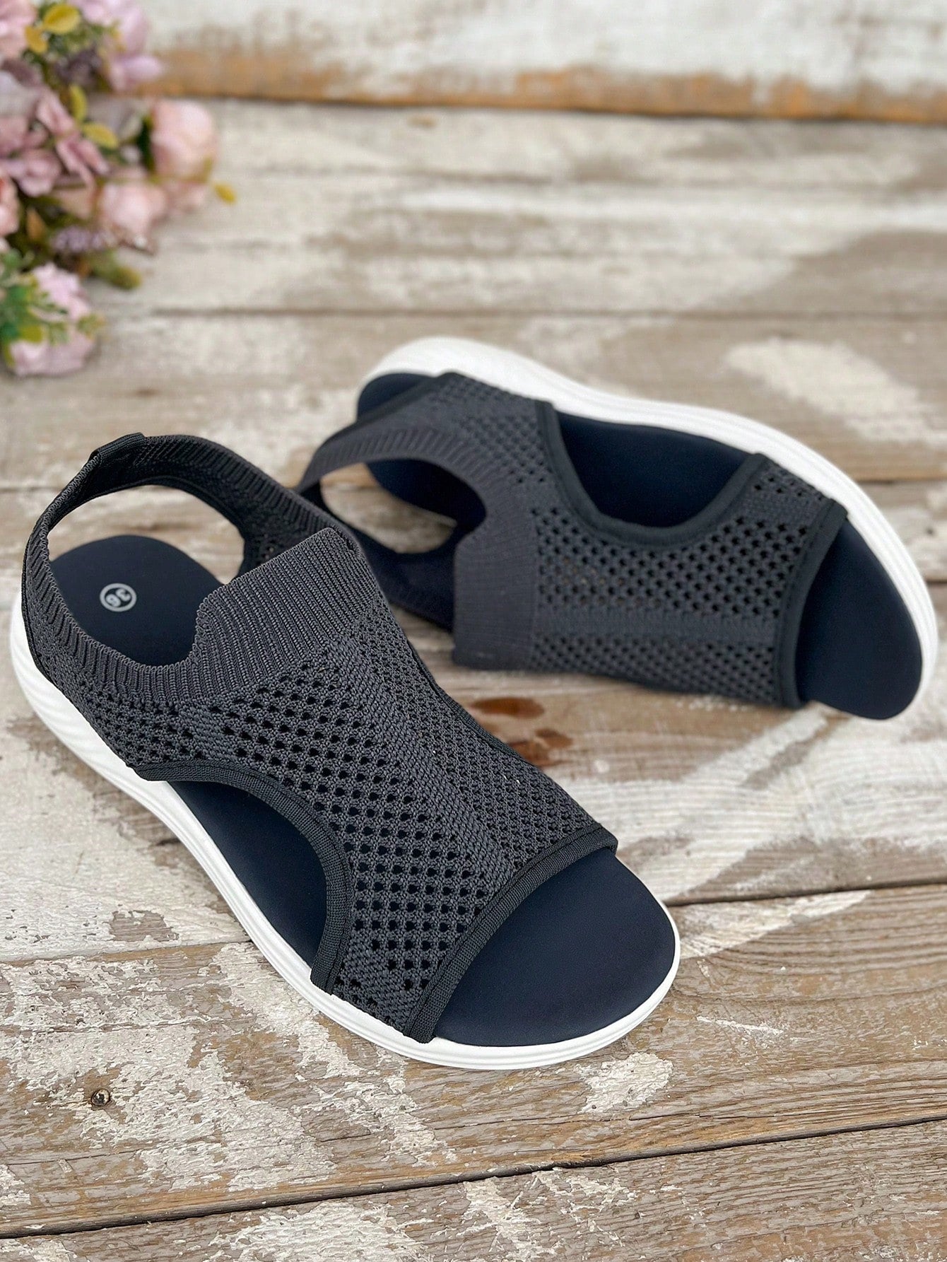 Plus size women's slip-on wedge slide sandals with open toe, low platform heel, and breathable cutout fabric upper, shown as a casual outdoor style sandal.