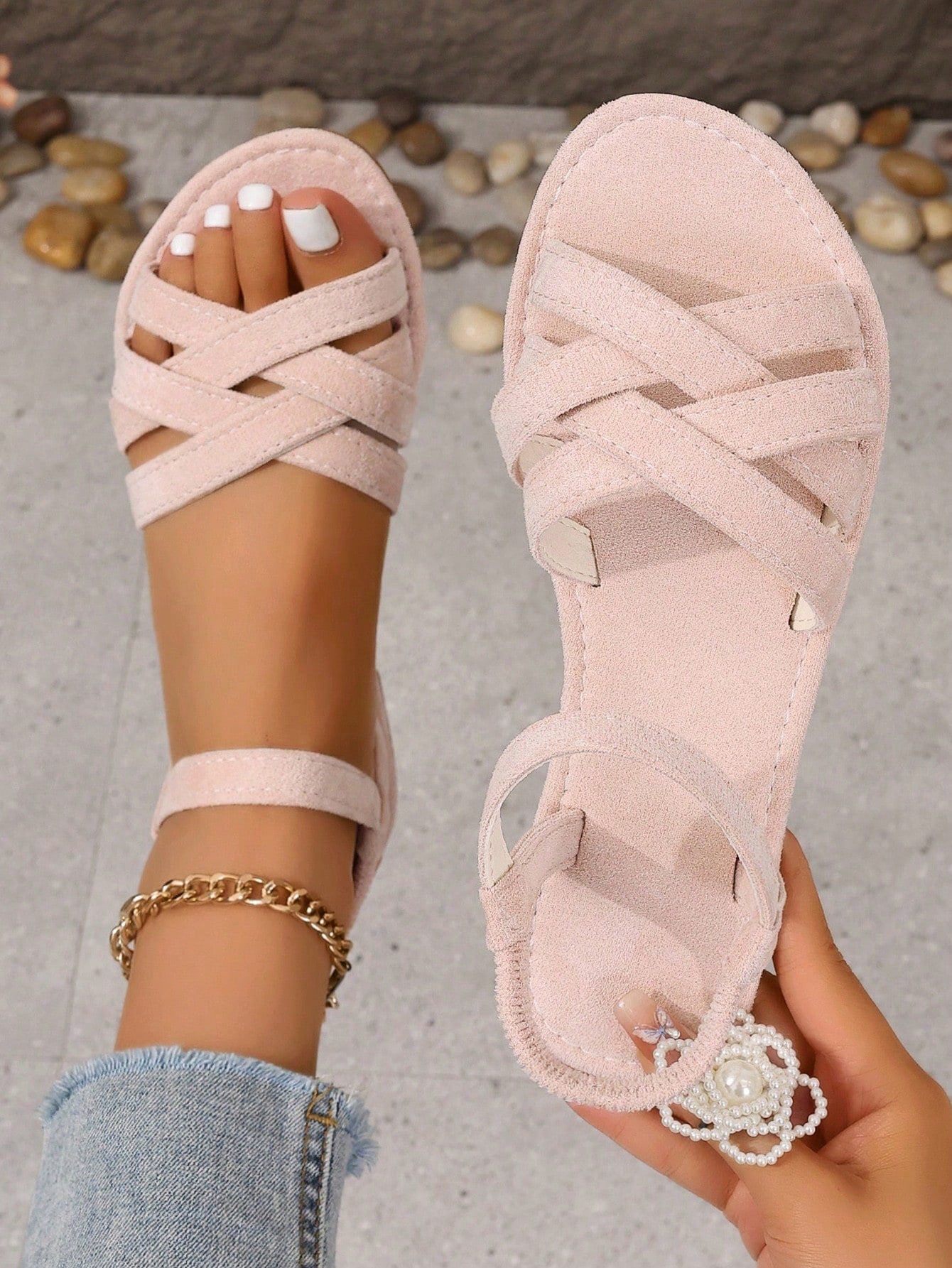 Women's plus size solid cross strap flat sandals with braided detail, open toe, and ankle strap in a casual style for beach and holiday outfits.