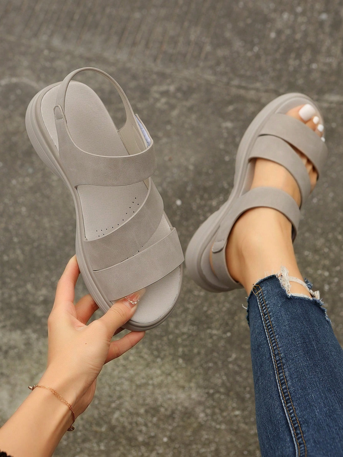 Women's plus size platform wedge sandals with hook-and-loop closure, open toe, ankle strap, and cut-out detailing in a casual beach style.