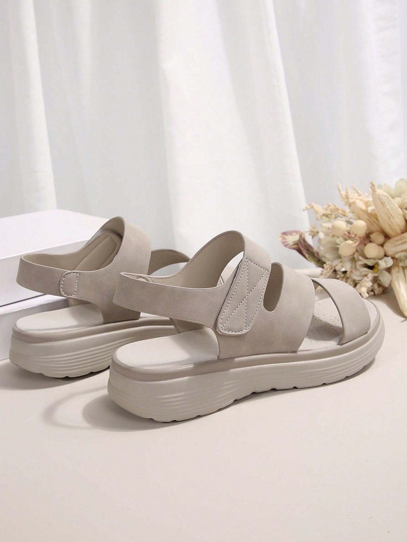 Women's plus size platform wedge sandals with hook-and-loop closure, open toe, ankle strap, and cut-out detailing in a casual beach style.