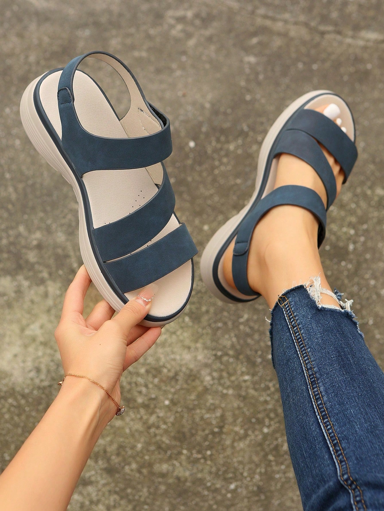 Women's plus size platform wedge sandals with hook-and-loop closure, open toe, ankle strap, and cut-out detailing in a casual beach style.