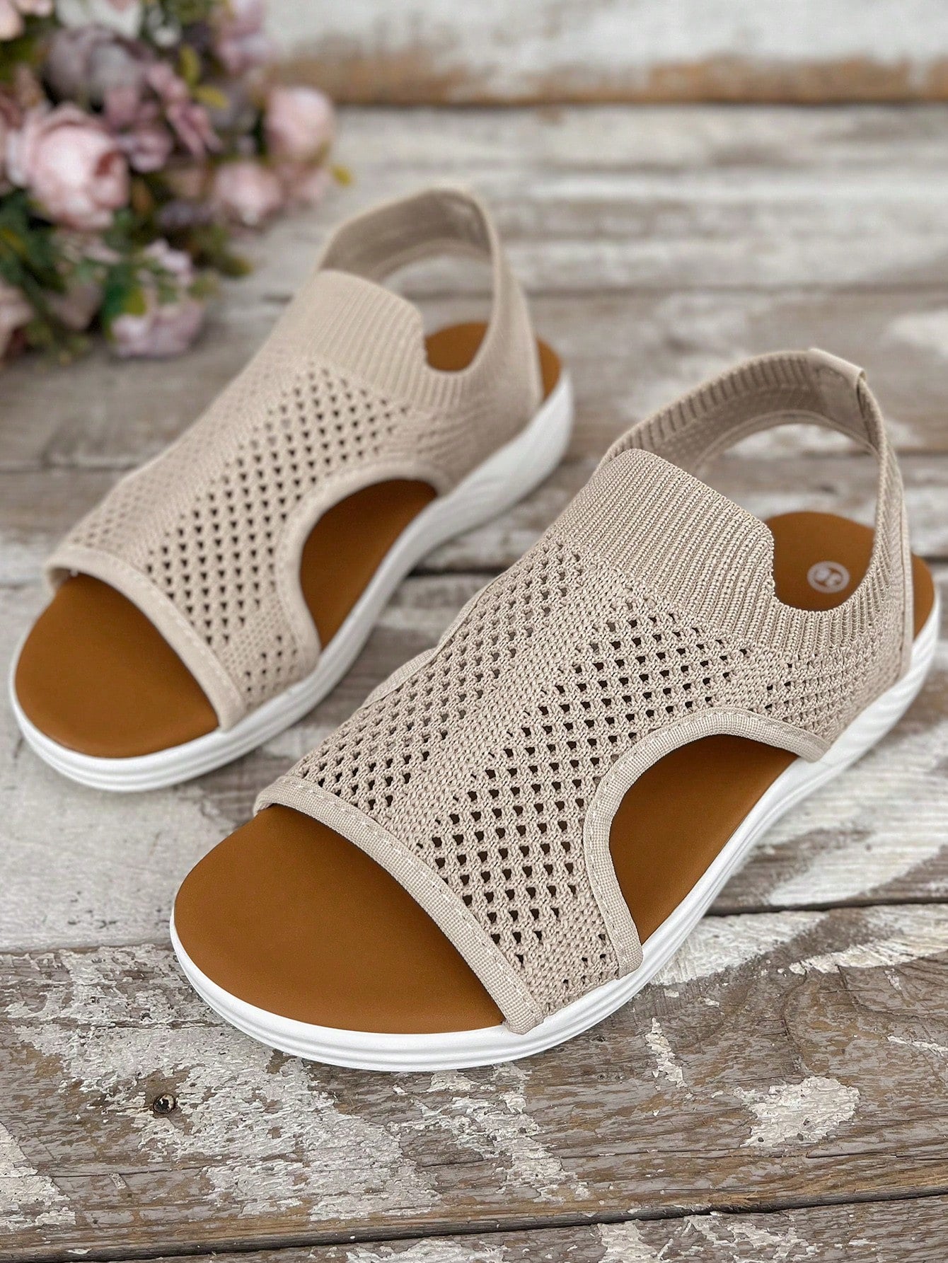 Plus size women's slip-on wedge slide sandals with open toe, low platform heel, and breathable cutout fabric upper, shown as a casual outdoor style sandal.