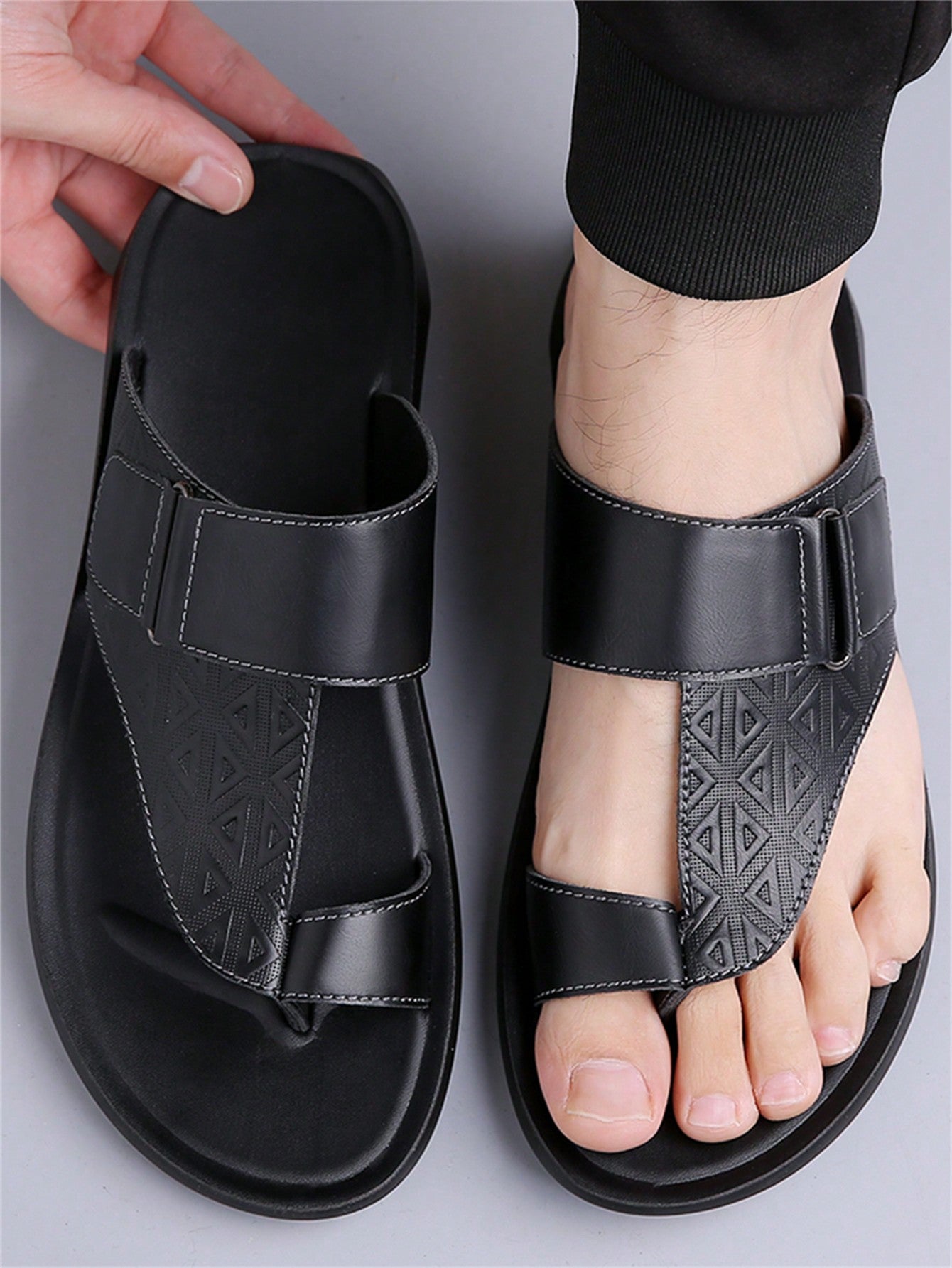 Men's summer beach slippers featuring a toe post, hook-and-loop detail, soft molded sole, and anti-skid outsole for casual outdoor wear.