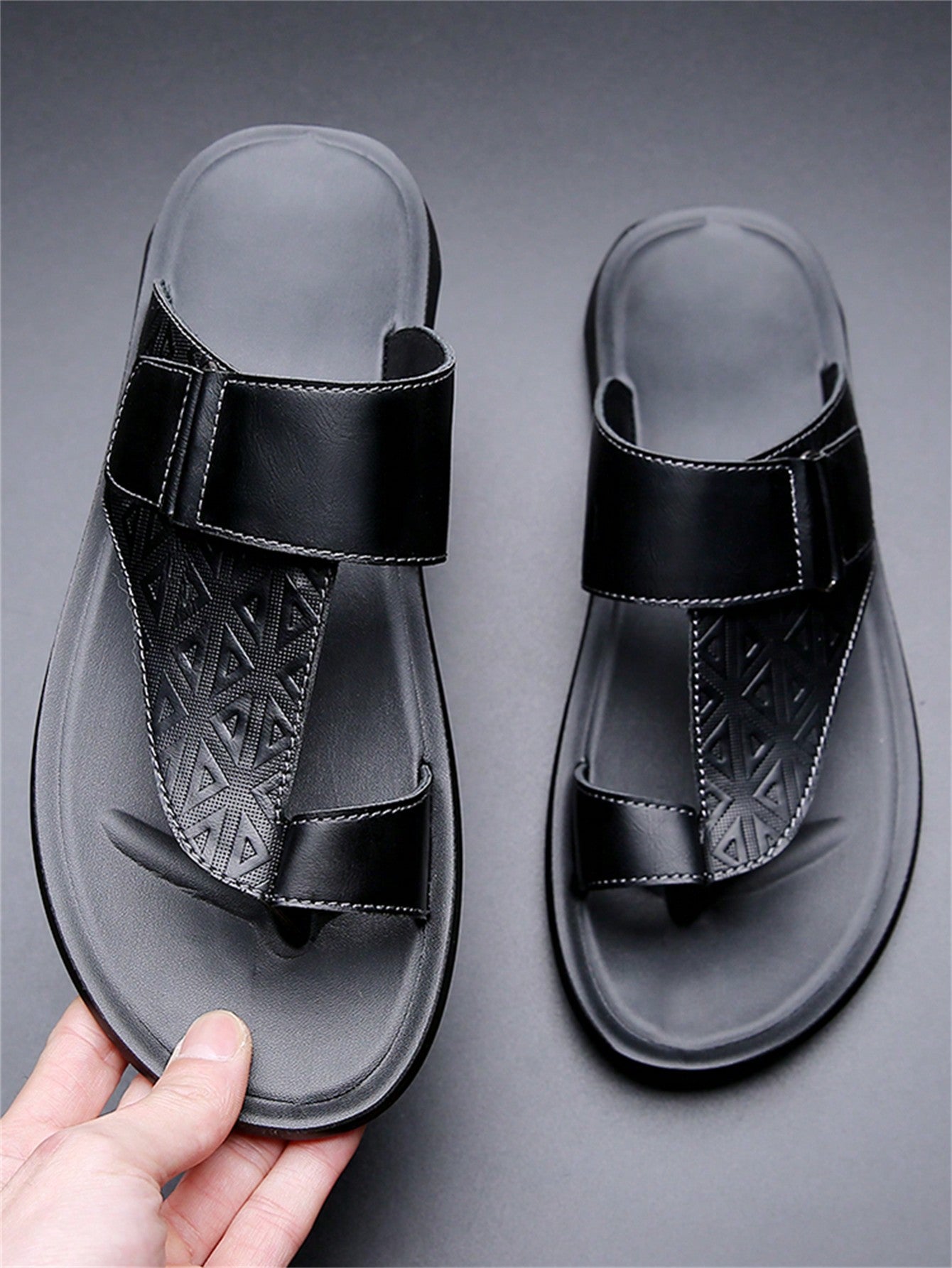 Men's summer beach slippers featuring a toe post, hook-and-loop detail, soft molded sole, and anti-skid outsole for casual outdoor wear.