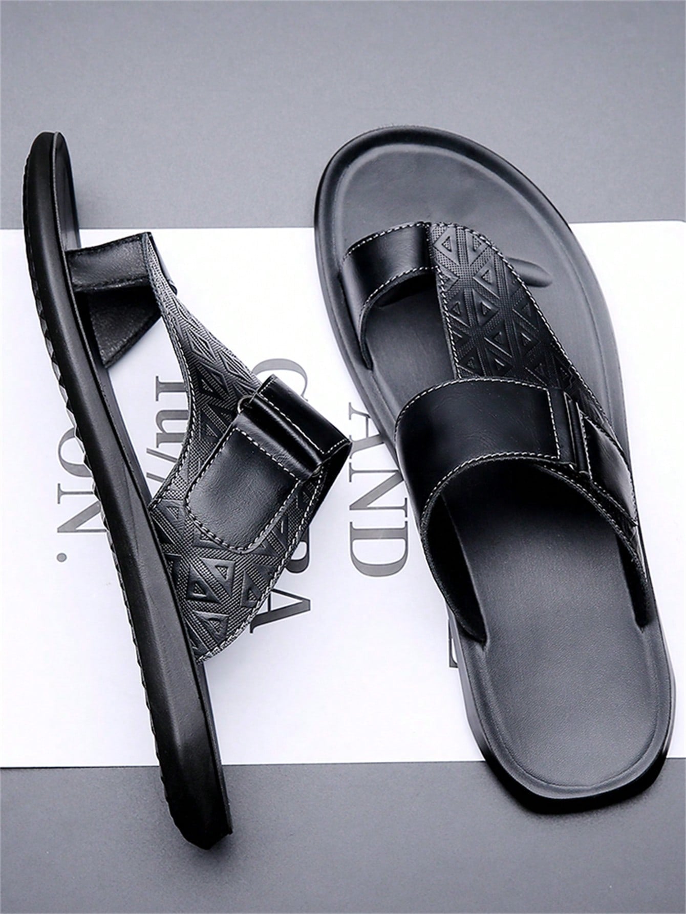 Men's summer beach slippers featuring a toe post, hook-and-loop detail, soft molded sole, and anti-skid outsole for casual outdoor wear.