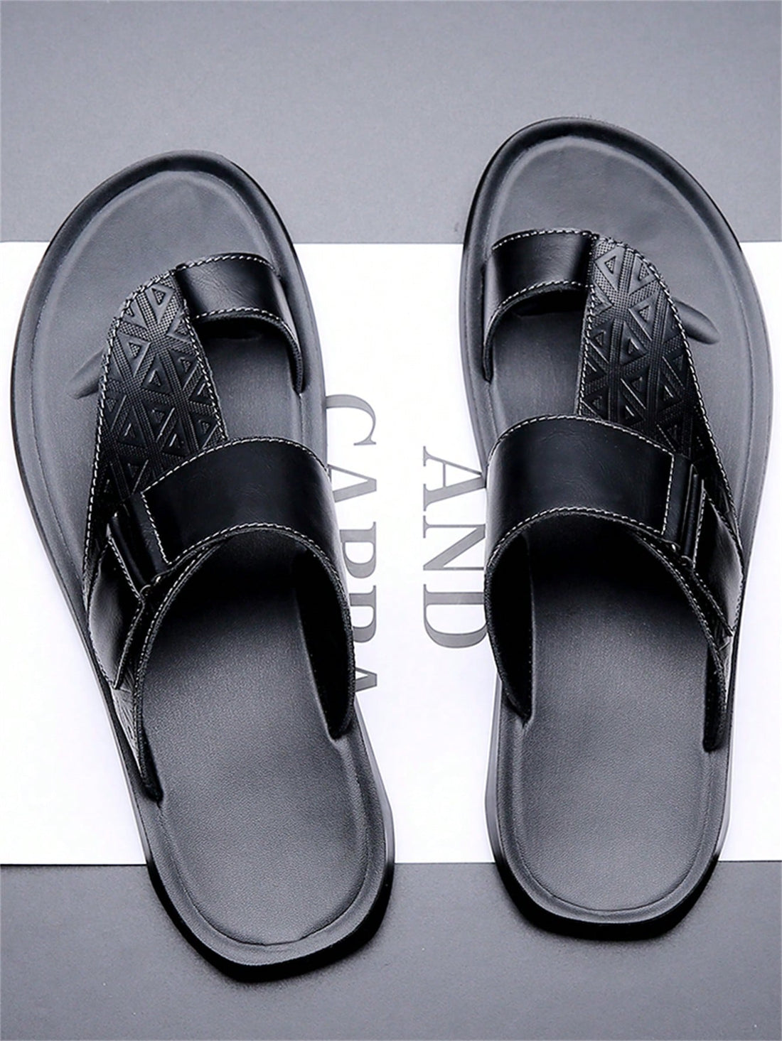 Men's summer beach slippers featuring a toe post, hook-and-loop detail, soft molded sole, and anti-skid outsole for casual outdoor wear.