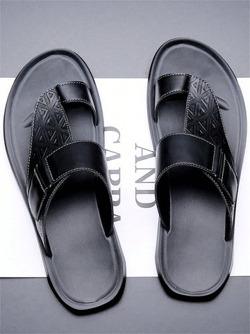 Men's summer beach slippers featuring a toe post, hook-and-loop detail, soft molded sole, and anti-skid outsole for casual outdoor wear.