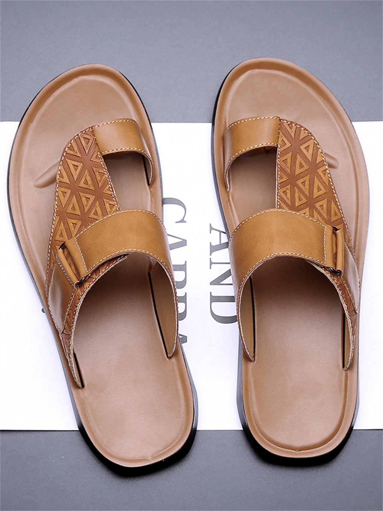 Men's summer beach slippers featuring a toe post, hook-and-loop detail, soft molded sole, and anti-skid outsole for casual outdoor wear.