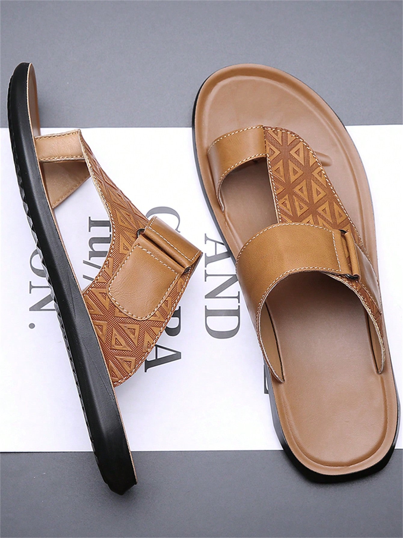 Men's summer beach slippers featuring a toe post, hook-and-loop detail, soft molded sole, and anti-skid outsole for casual outdoor wear.