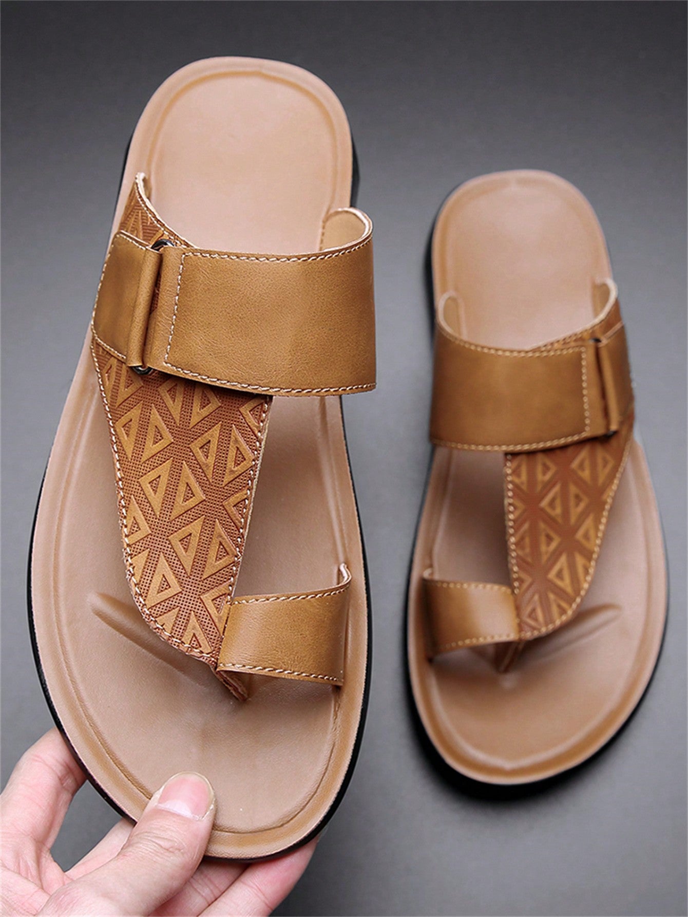 Men's summer beach slippers featuring a toe post, hook-and-loop detail, soft molded sole, and anti-skid outsole for casual outdoor wear.