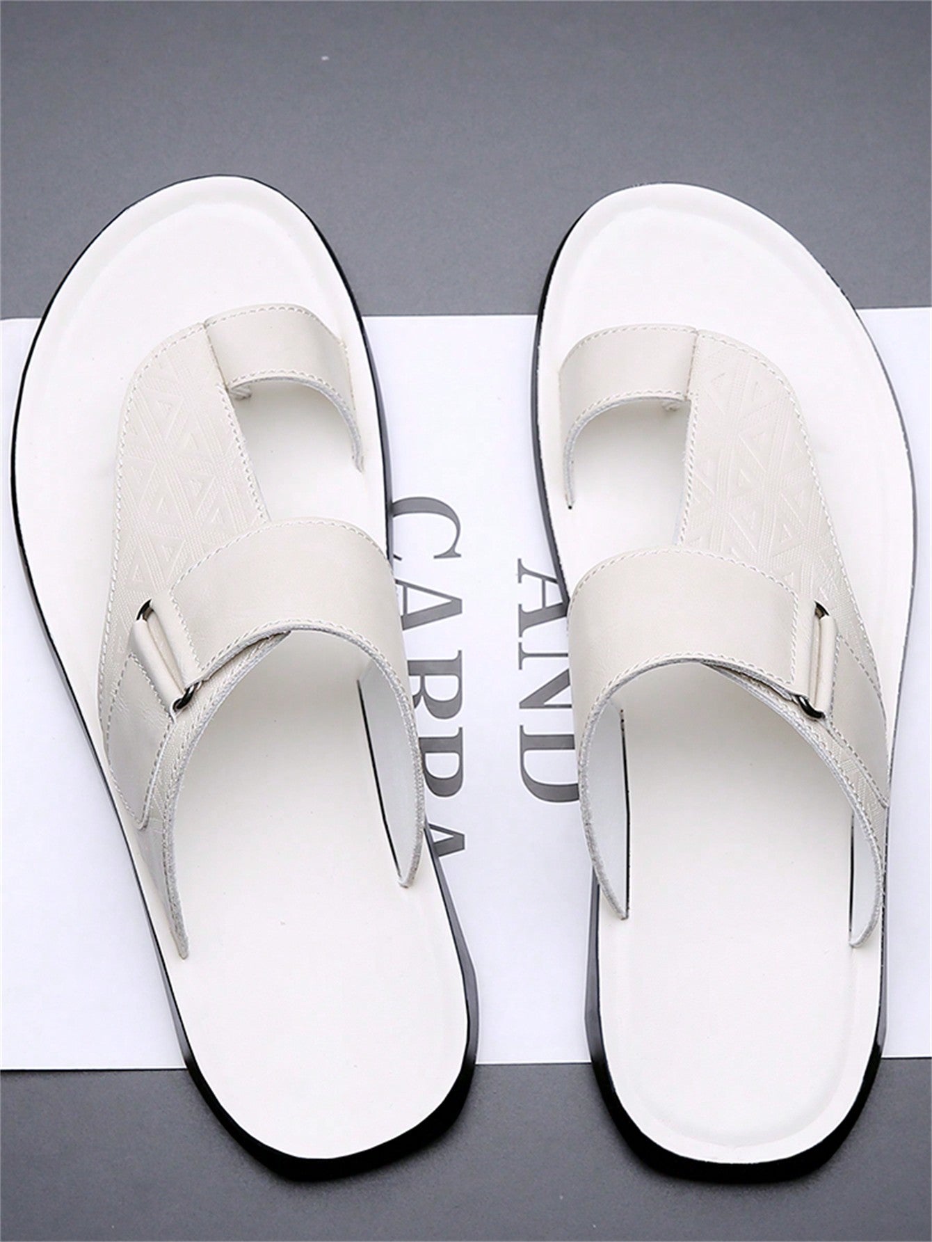 Men's summer beach slippers featuring a toe post, hook-and-loop detail, soft molded sole, and anti-skid outsole for casual outdoor wear.
