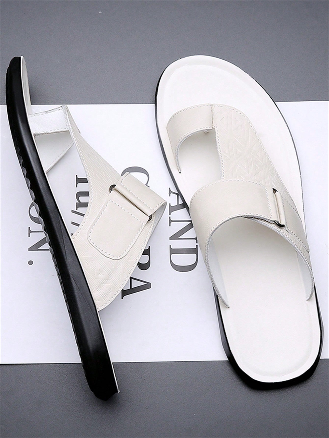 Men's summer beach slippers featuring a toe post, hook-and-loop detail, soft molded sole, and anti-skid outsole for casual outdoor wear.