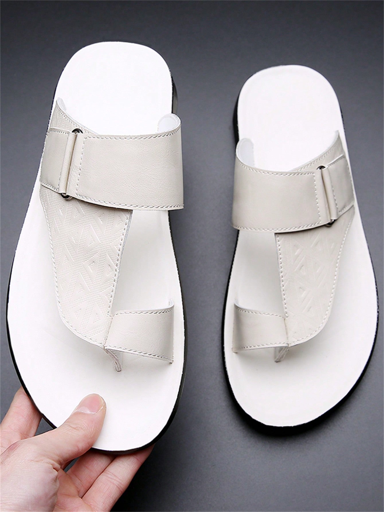 Men's summer beach slippers featuring a toe post, hook-and-loop detail, soft molded sole, and anti-skid outsole for casual outdoor wear.