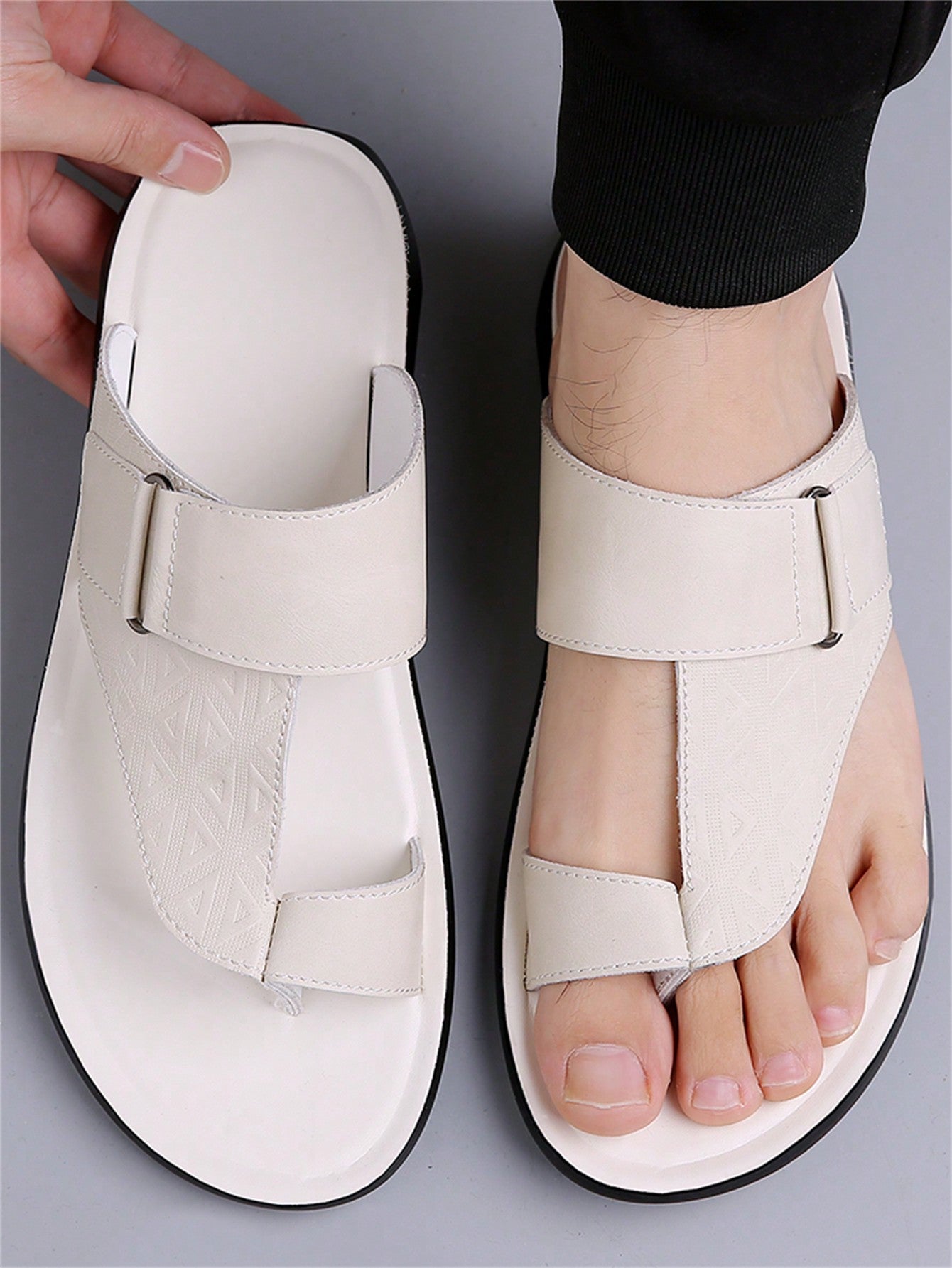 Men's summer beach slippers featuring a toe post, hook-and-loop detail, soft molded sole, and anti-skid outsole for casual outdoor wear.