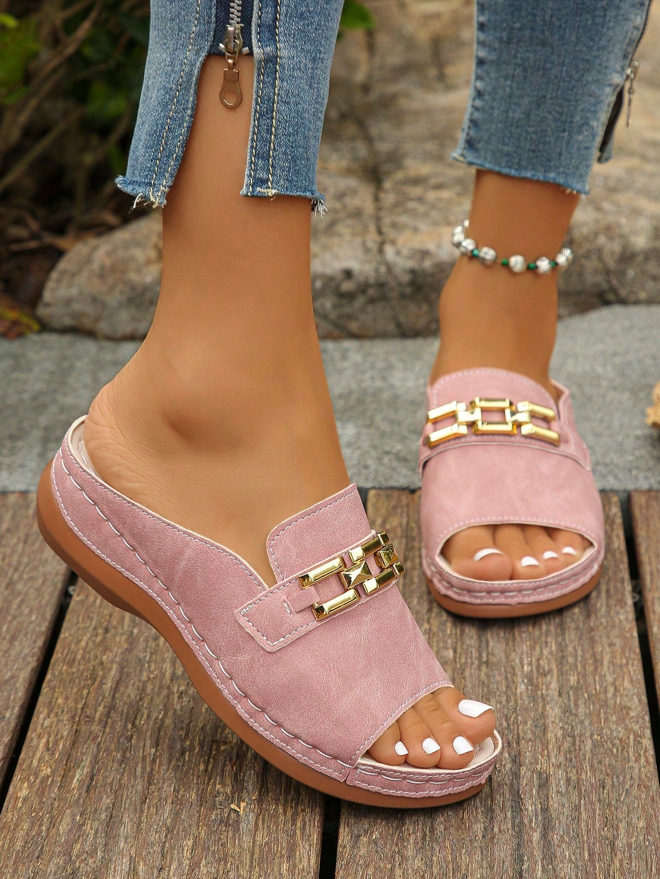 Women's bohemian wedge slide sandals with open toe, low wedge heel, slip-on design, and metal detail, available in plus sizes 36-43.