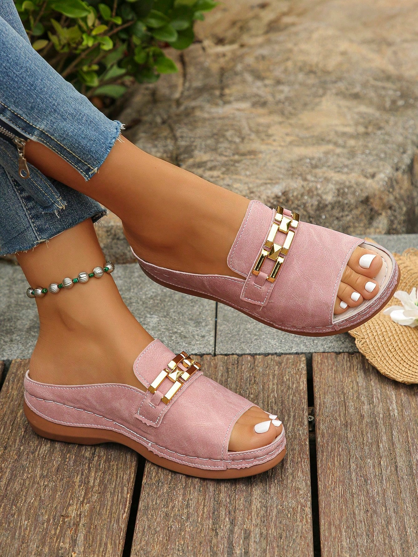 Women's bohemian wedge slide sandals with open toe, low wedge heel, slip-on design, and metal detail, available in plus sizes 36-43.
