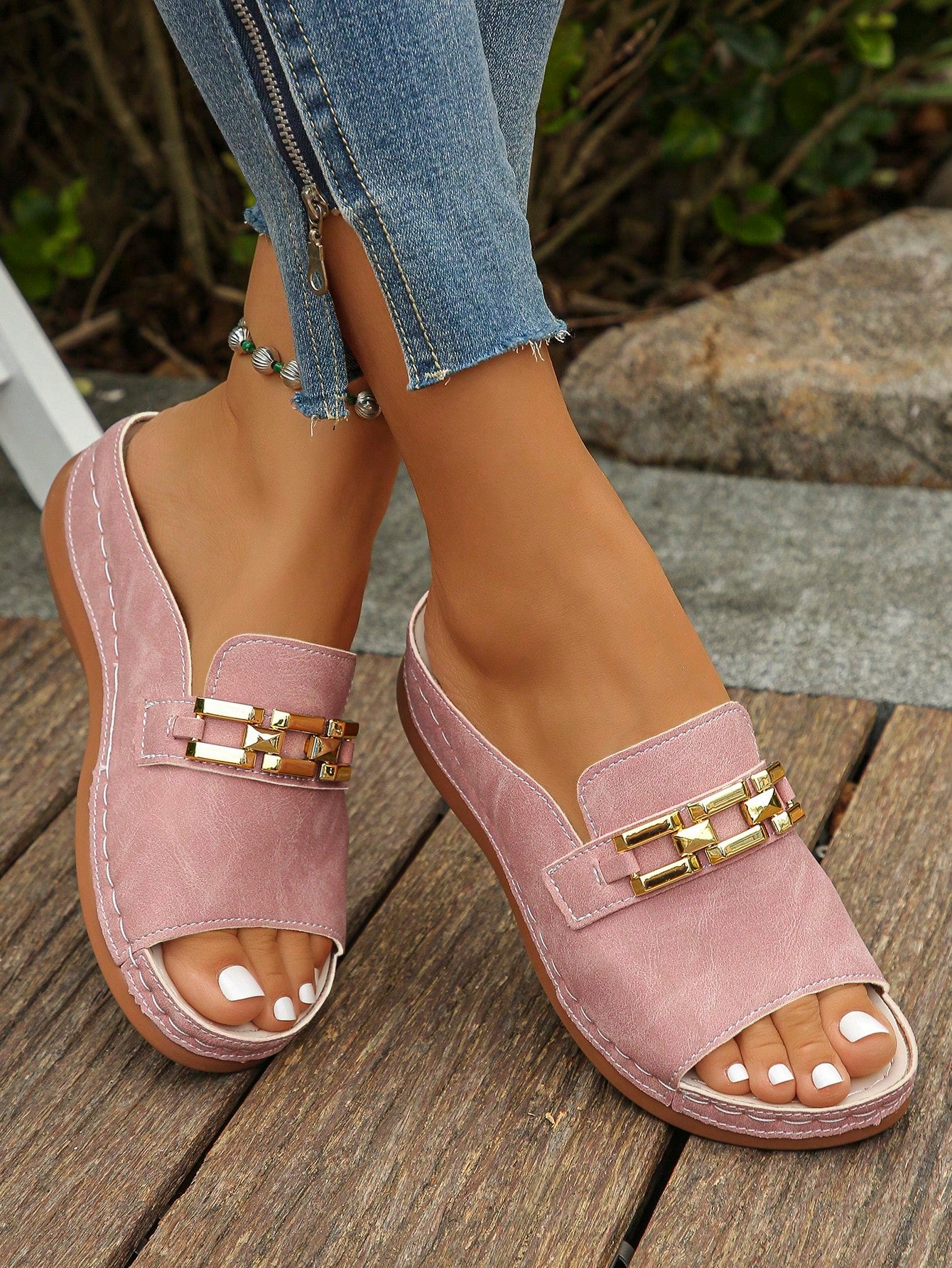 Women's bohemian wedge slide sandals with open toe, low wedge heel, slip-on design, and metal detail, available in plus sizes 36-43.