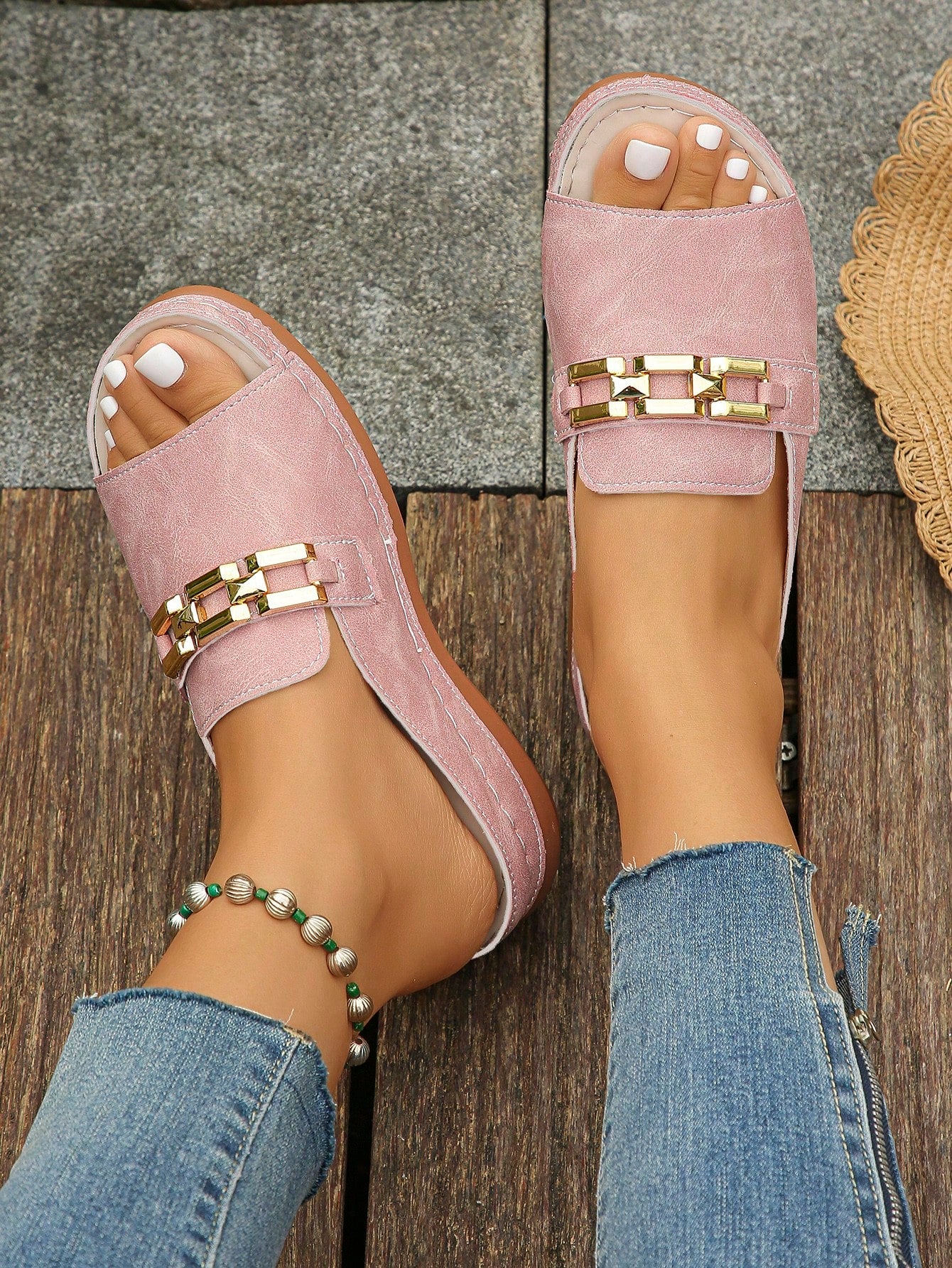 Women's bohemian wedge slide sandals with open toe, low wedge heel, slip-on design, and metal detail, available in plus sizes 36-43.