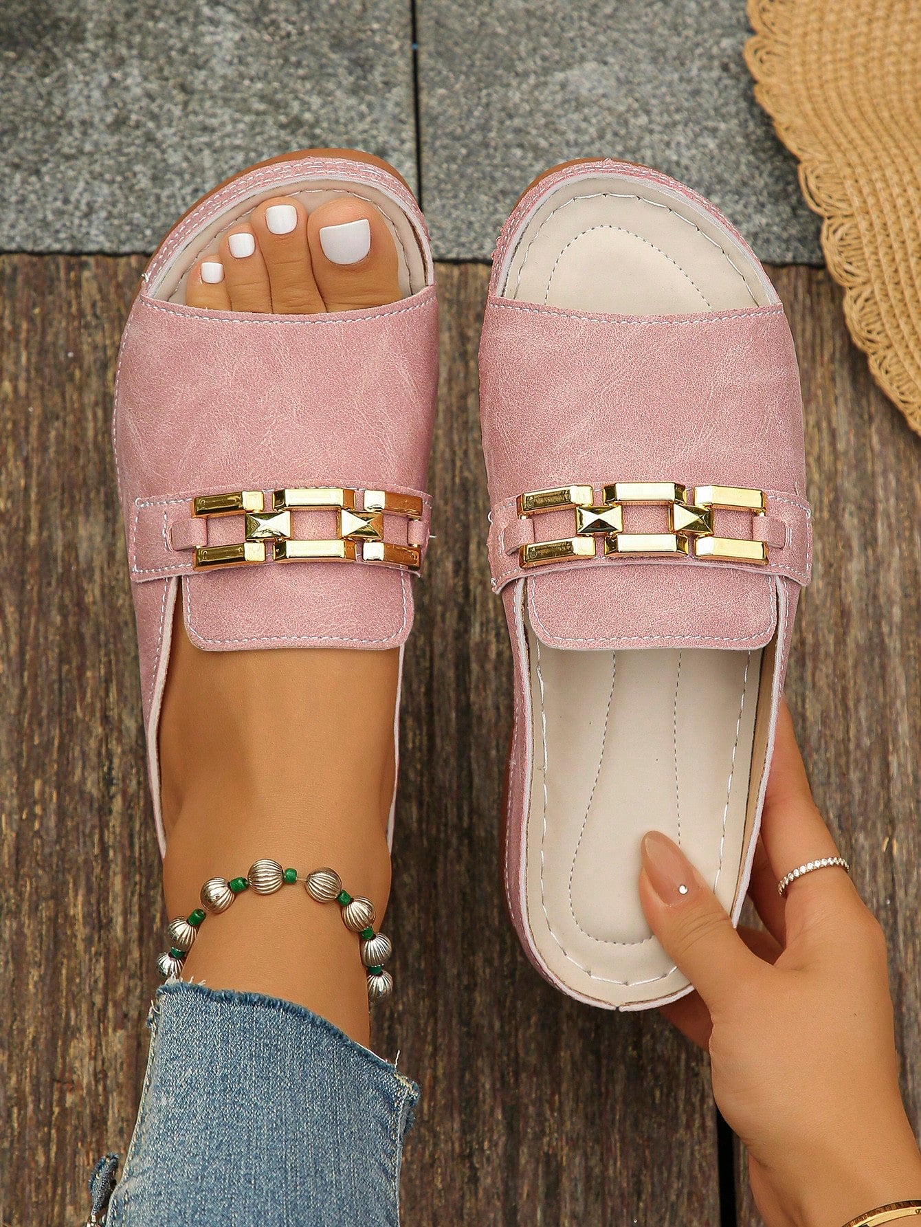 Women's bohemian wedge slide sandals with open toe, low wedge heel, slip-on design, and metal detail, available in plus sizes 36-43.