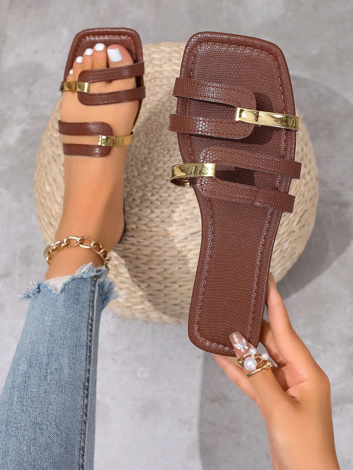 Women's yellow open-toe flat slide sandals featuring a cut-out design and textured plain pattern for casual beach and daily wear.