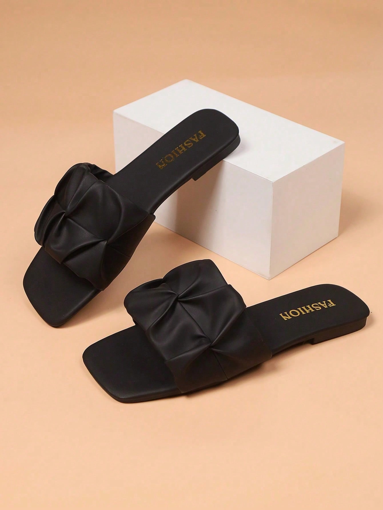 Women's flat slip-on sandals with a square open toe and ruched upper detail, casual non-slip slide style for beach, home, office, and outdoor wear.