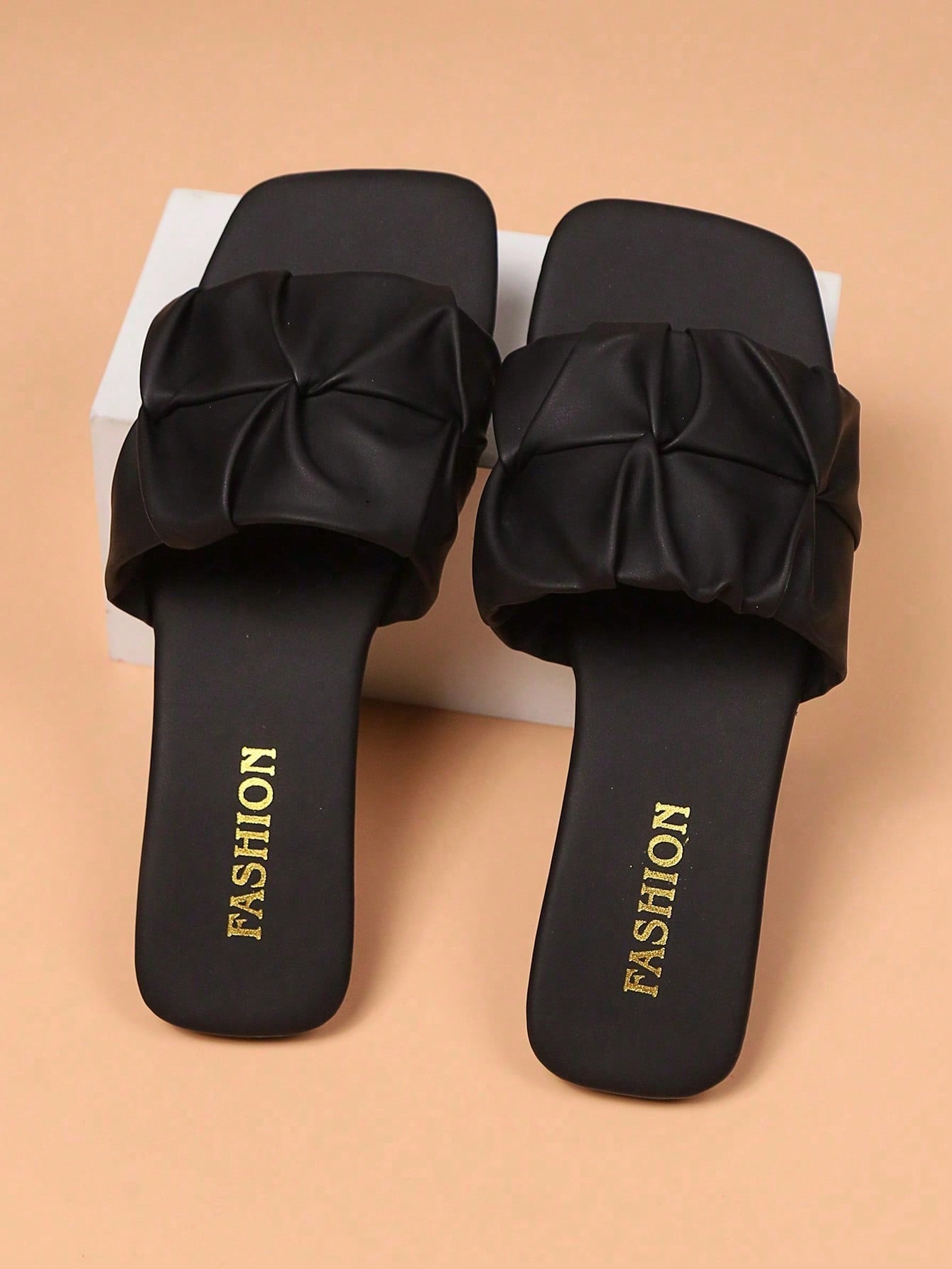 Women's flat slip-on sandals with a square open toe and ruched upper detail, casual non-slip slide style for beach, home, office, and outdoor wear.