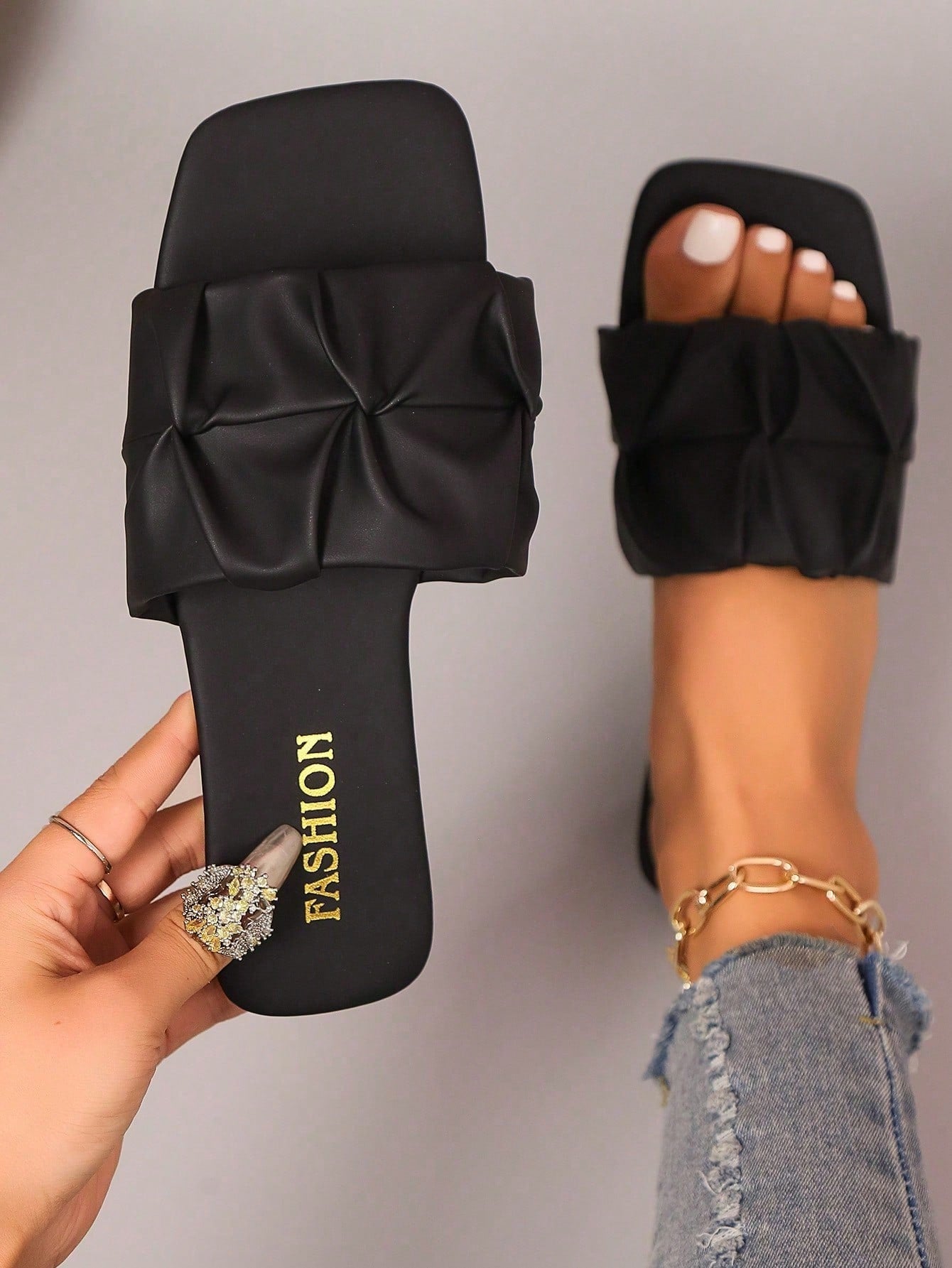 Women's flat slip-on sandals with a square open toe and ruched upper detail, casual non-slip slide style for beach, home, office, and outdoor wear.