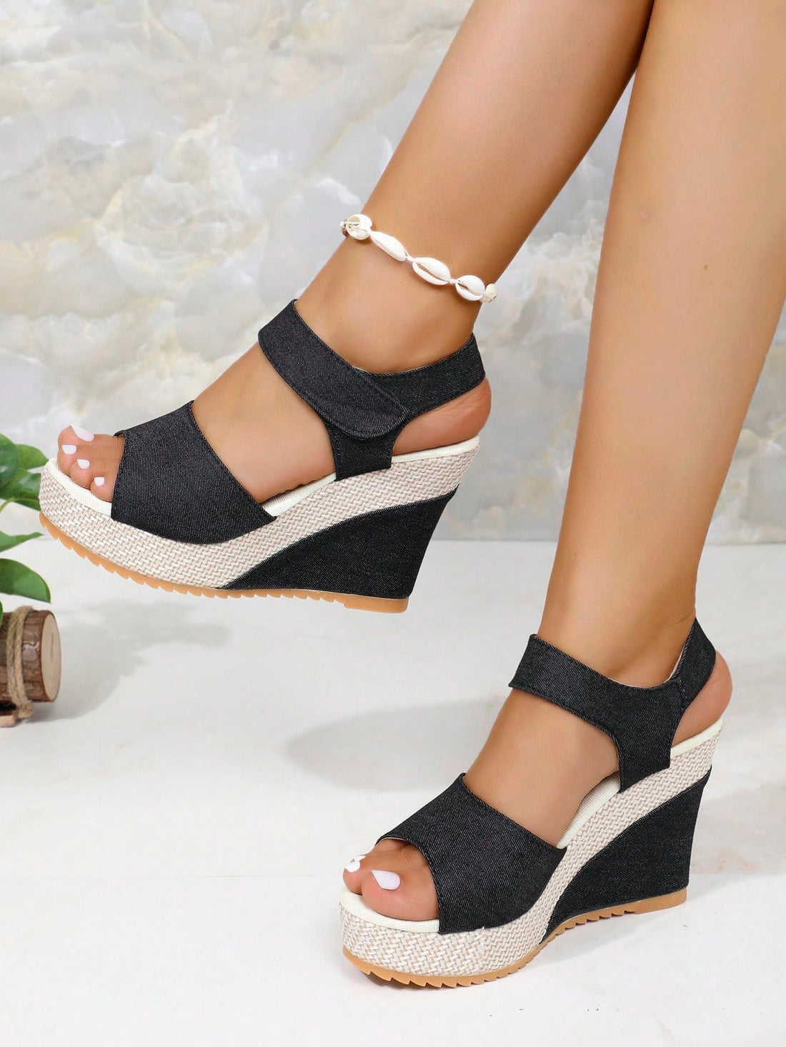 Women’s platform slide wedge sandals with open toe, thick sole, high wedge heel, and hook-and-loop ankle strap.