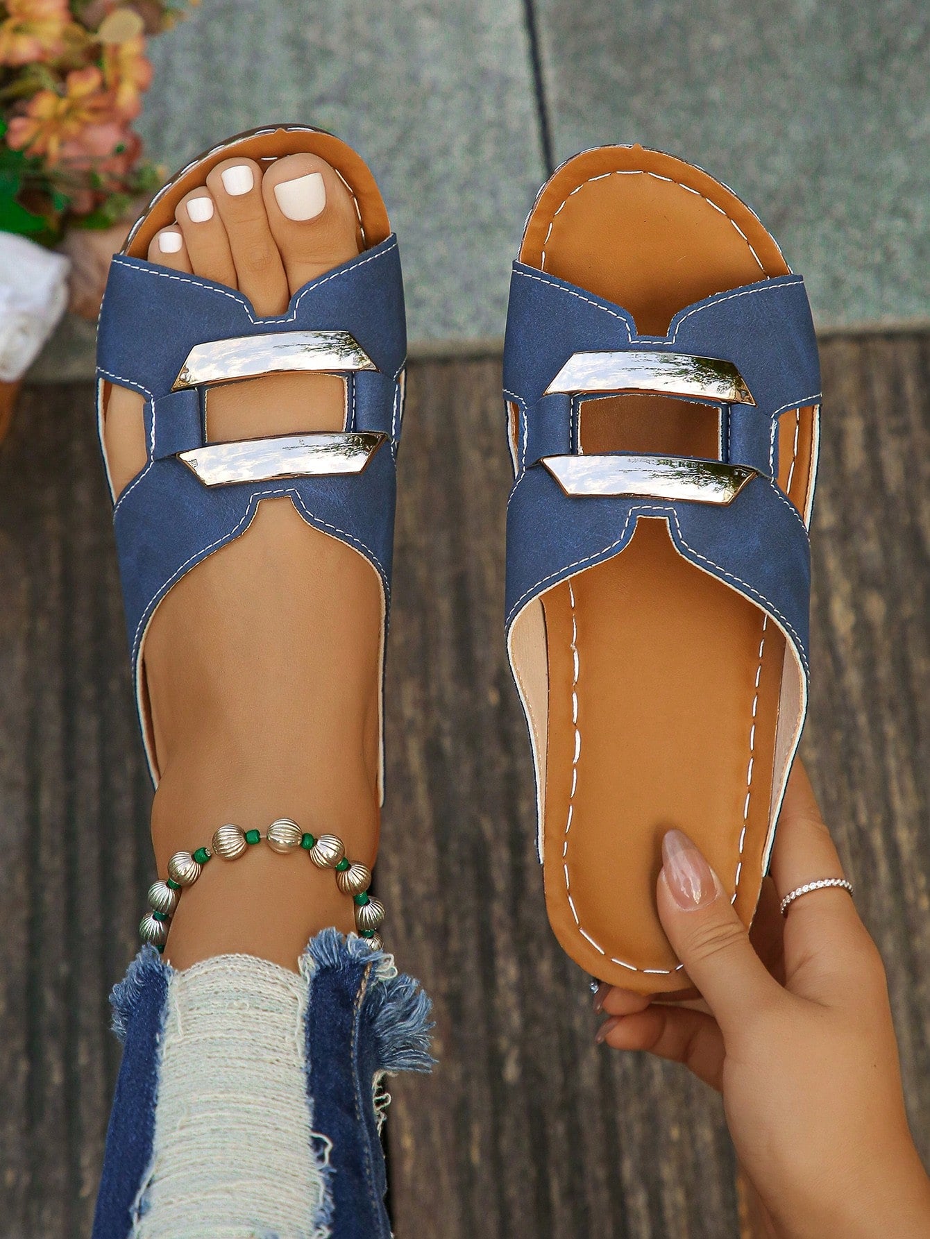 Women’s open toe wedge slide sandals with metal buckle detail and thick low wedge sole, lightweight slip-on style for daily wear, beach, and holiday use.