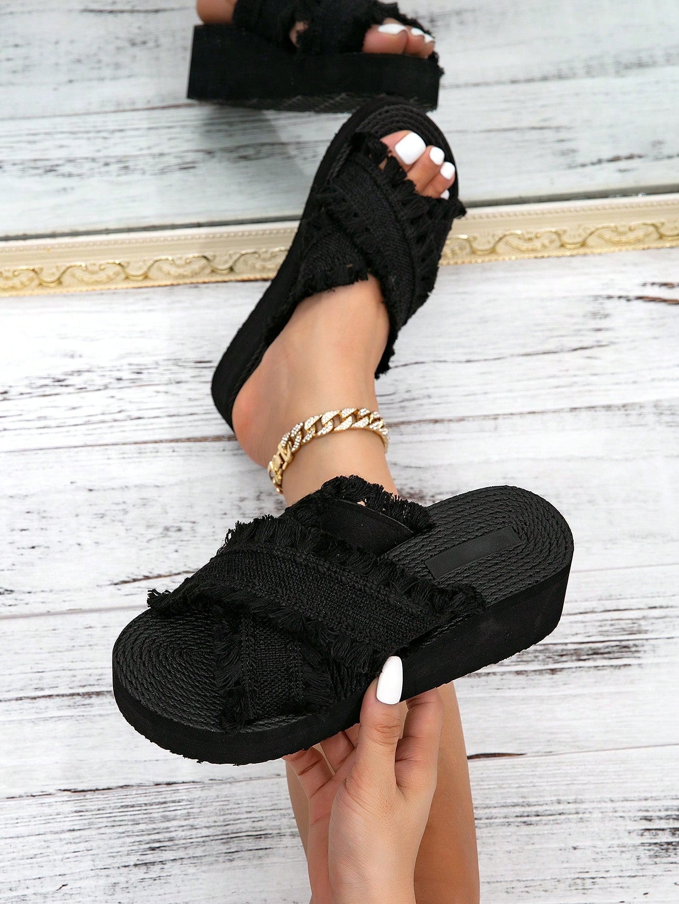 Women's beige slip-on platform wedge slide sandals with open toe, tassel and ruffle details, rope-pattern styling, and mid heel.