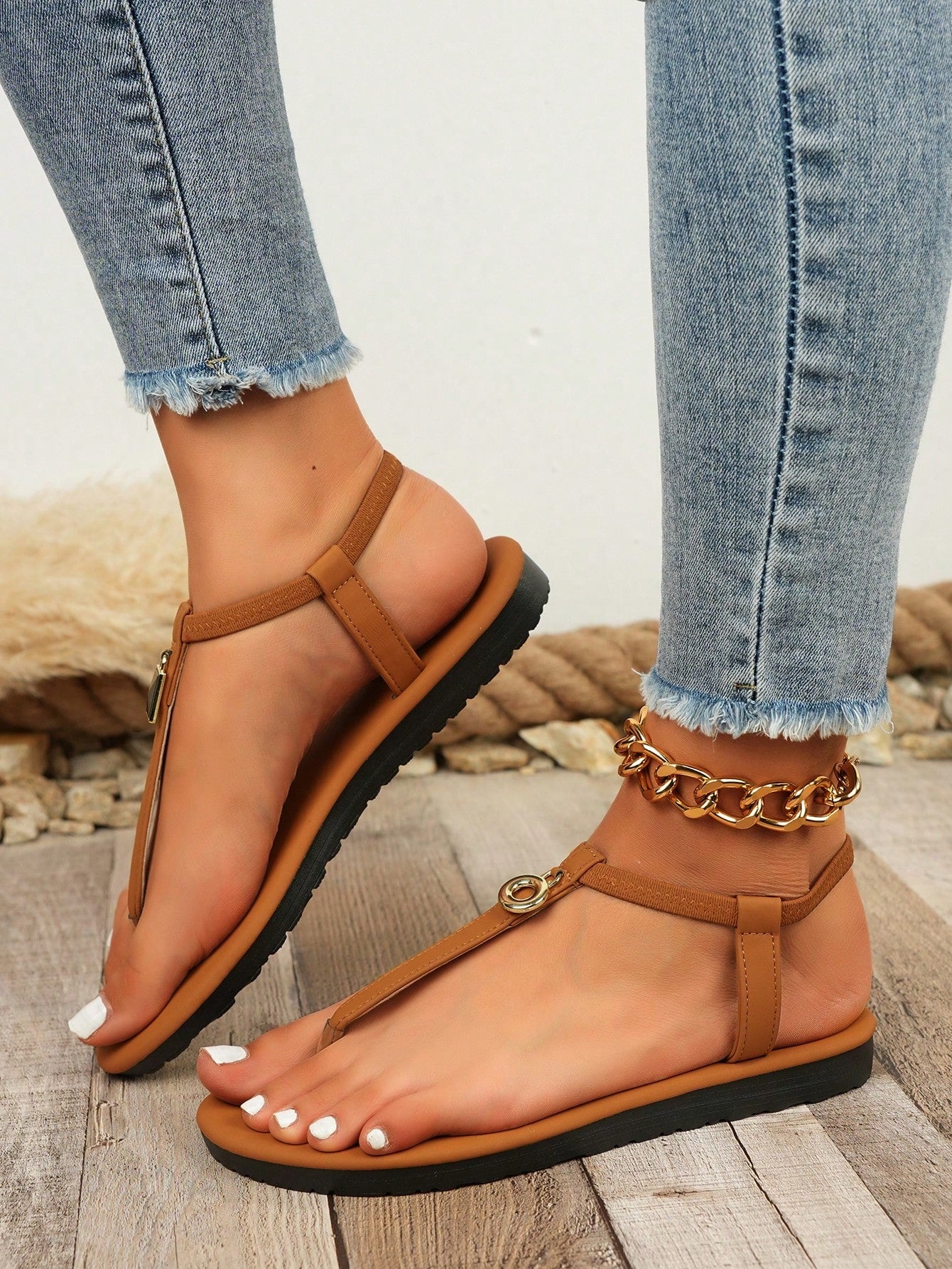 Women's slip-on flat gladiator sandals with beaded detail and toe post design