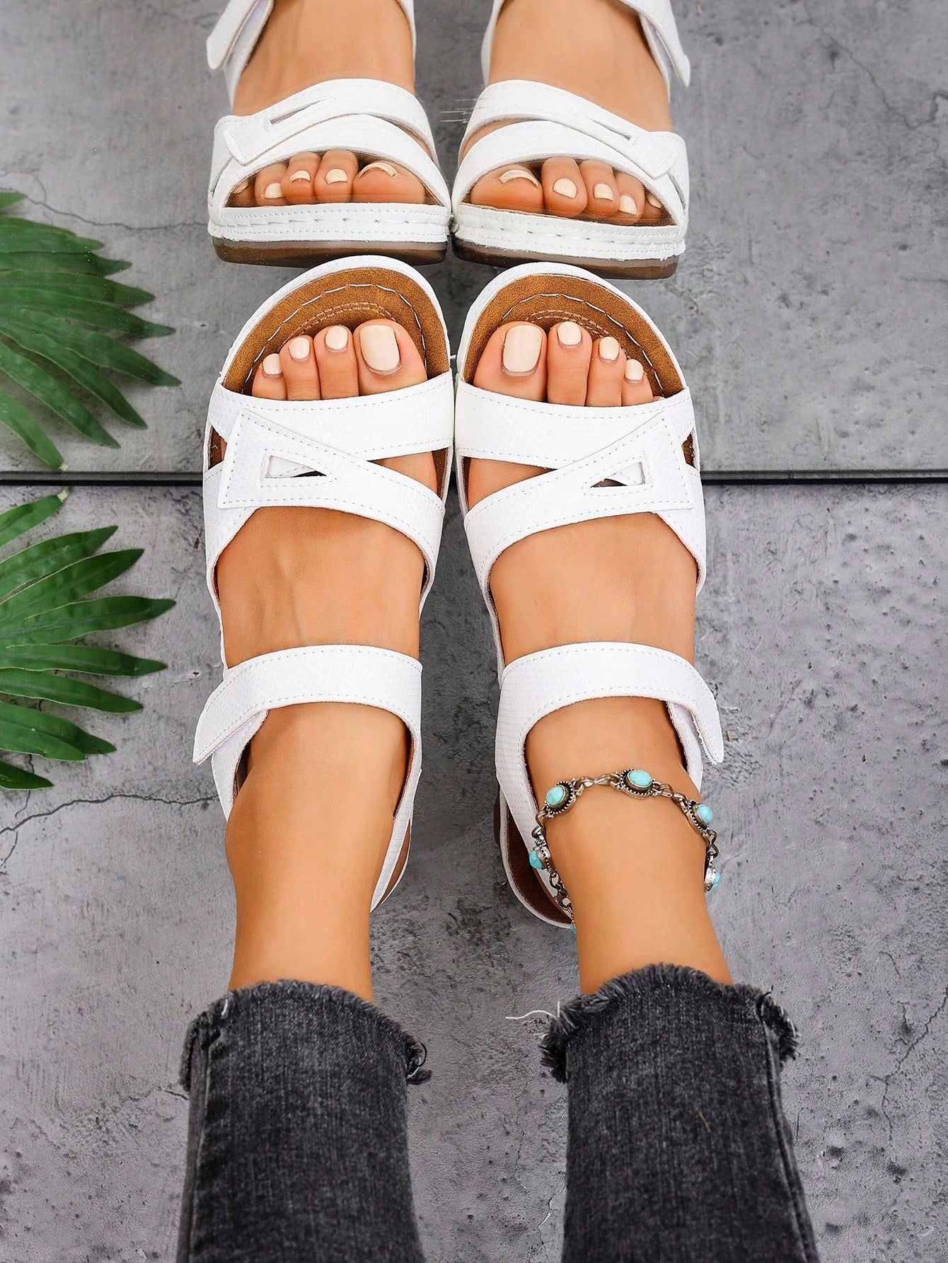 Women's open-toe wedge slide sandals with studded hollow-out upper, cross-over straps, buckle closure, and thick soft sole