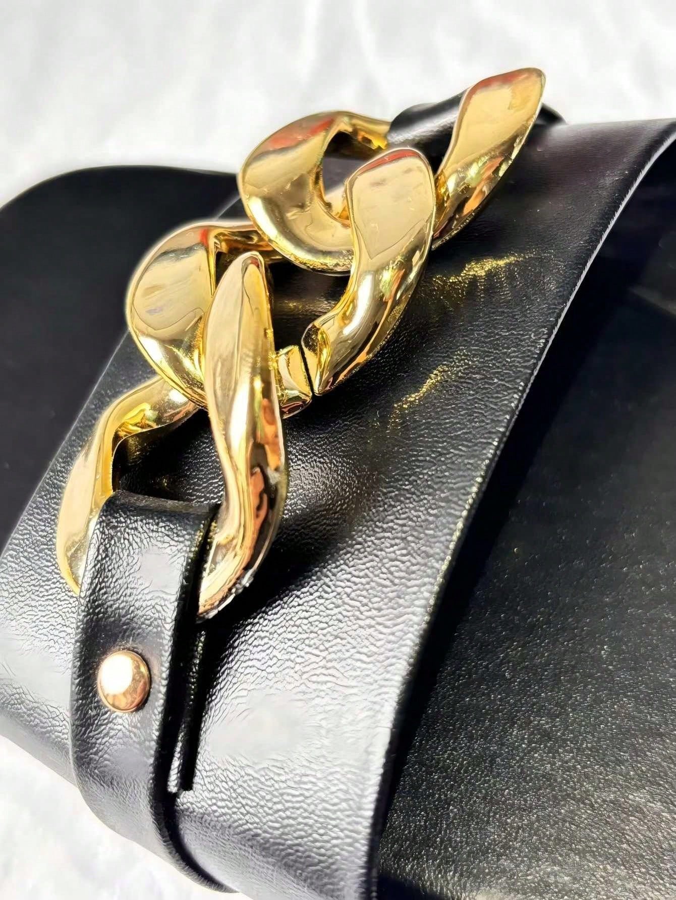 Women's gold-tone slip-on slide sandals with open toe and chain link detailing, shown as casual flat sandals for indoor and outdoor use.