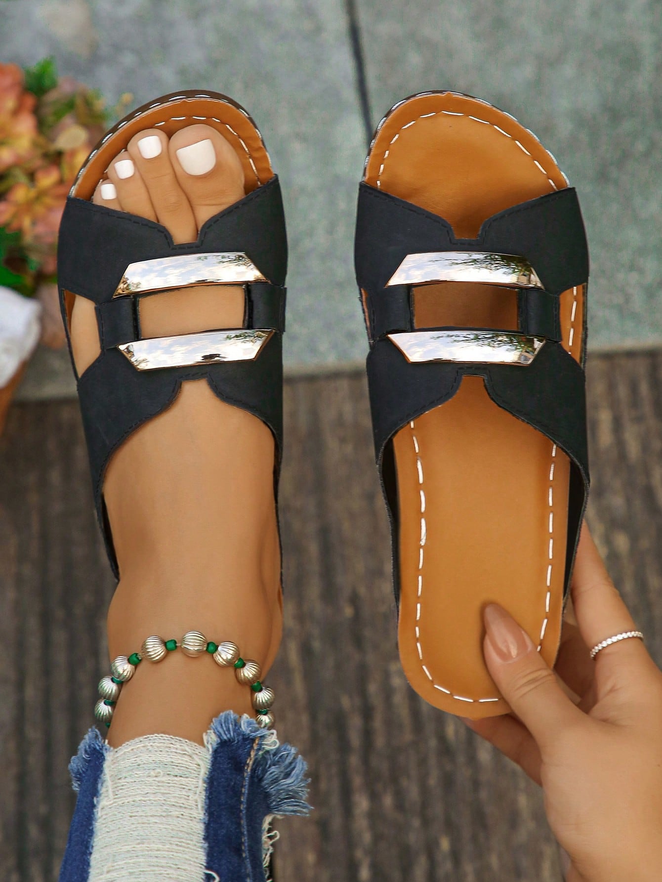 Women’s open toe wedge slide sandals with metal buckle detail and thick low wedge sole, lightweight slip-on style for daily wear, beach, and holiday use.