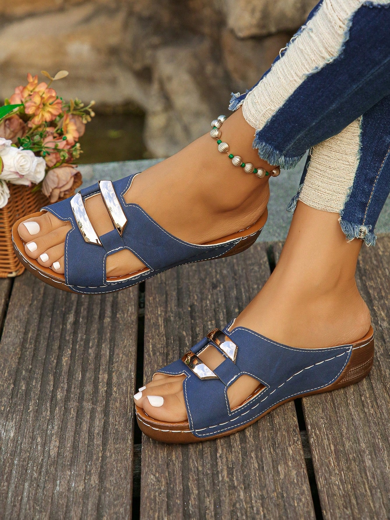 Women’s open toe wedge slide sandals with metal buckle detail and thick low wedge sole, lightweight slip-on style for daily wear, beach, and holiday use.