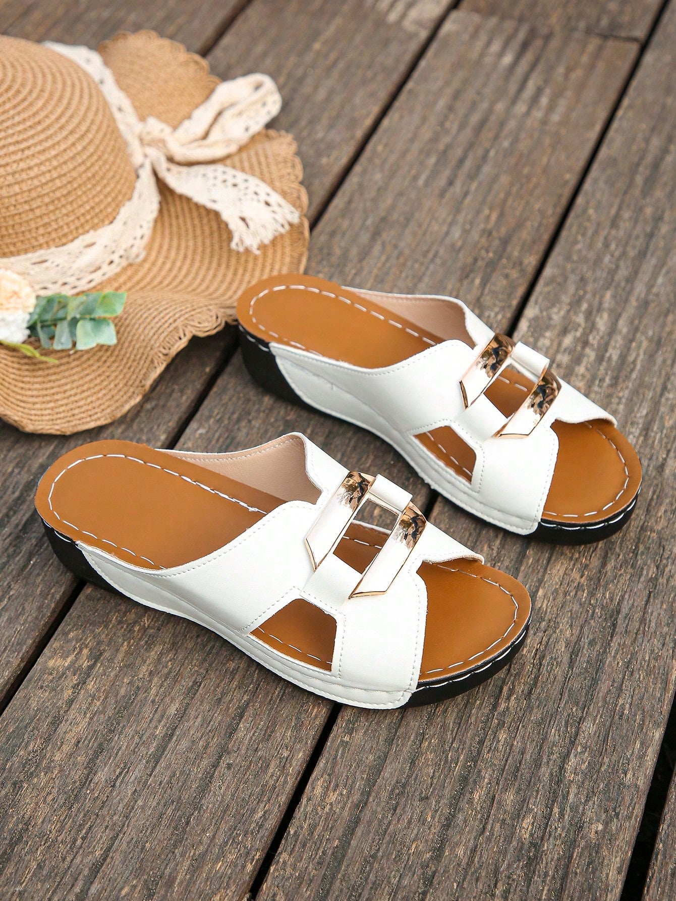 Women’s open toe wedge slide sandals with metal buckle detail and thick low wedge sole, lightweight slip-on style for daily wear, beach, and holiday use.