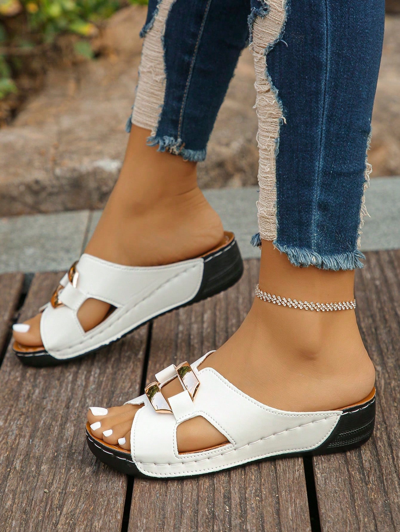 Women’s open toe wedge slide sandals with metal buckle detail and thick low wedge sole, lightweight slip-on style for daily wear, beach, and holiday use.